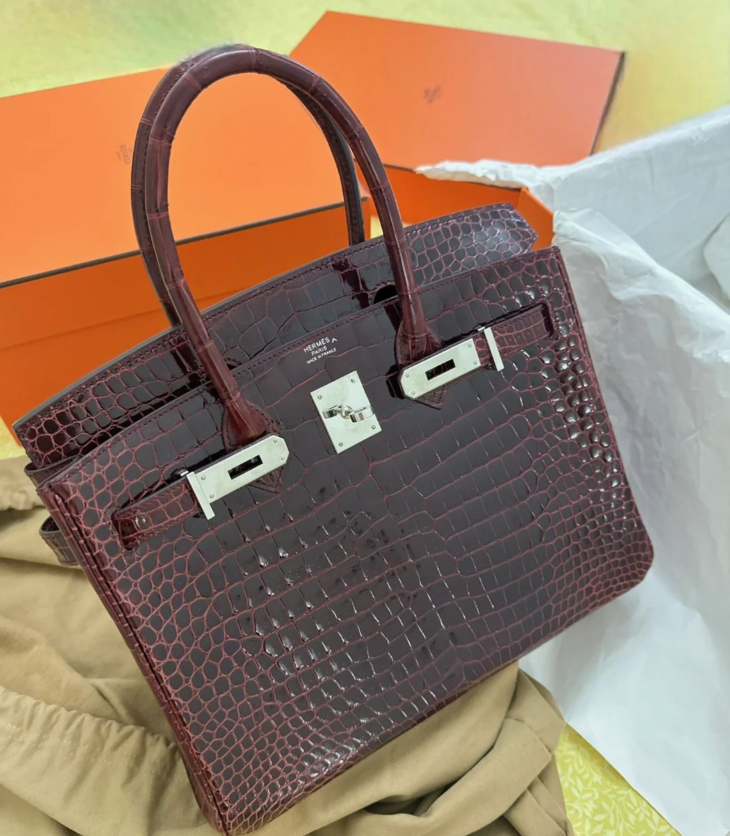 Hermes Birkin 30 Bordeaux Shiny Crocodile Leather Palladium Hardware