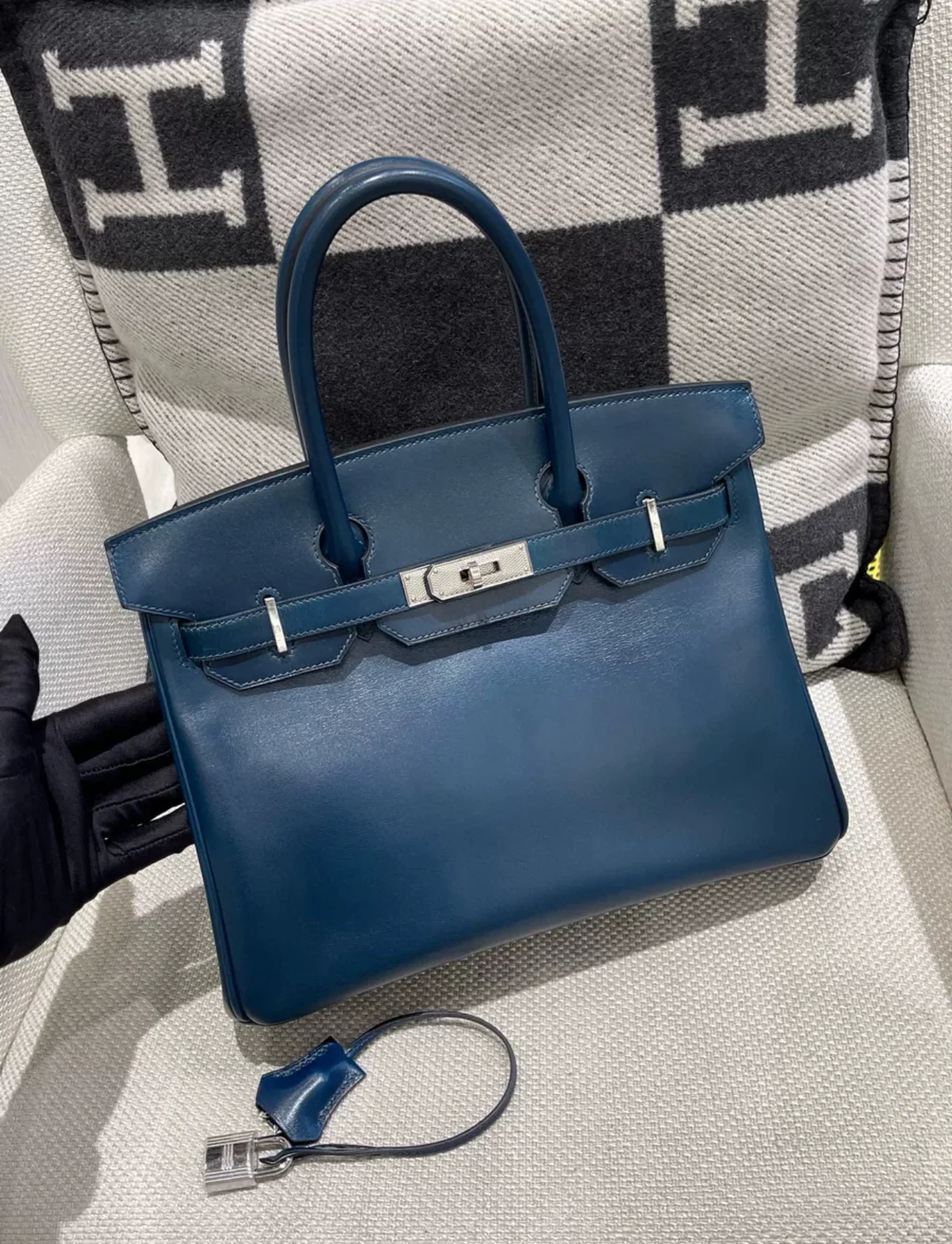 Hermès Birkin 30 blue box leather Palladium Hardware