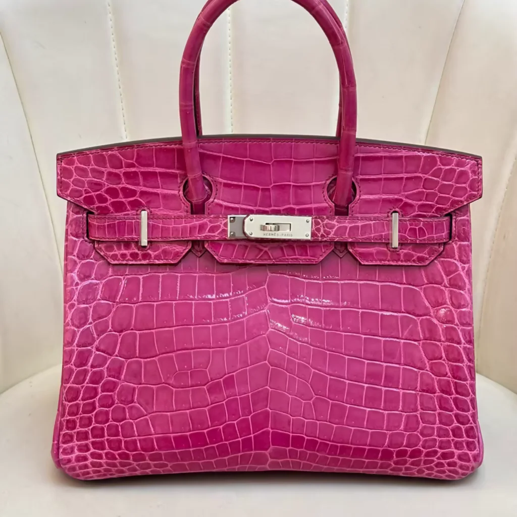 HERMÈS Birkin 30 Rose Shiny Crocodile Leather Palladium hardware