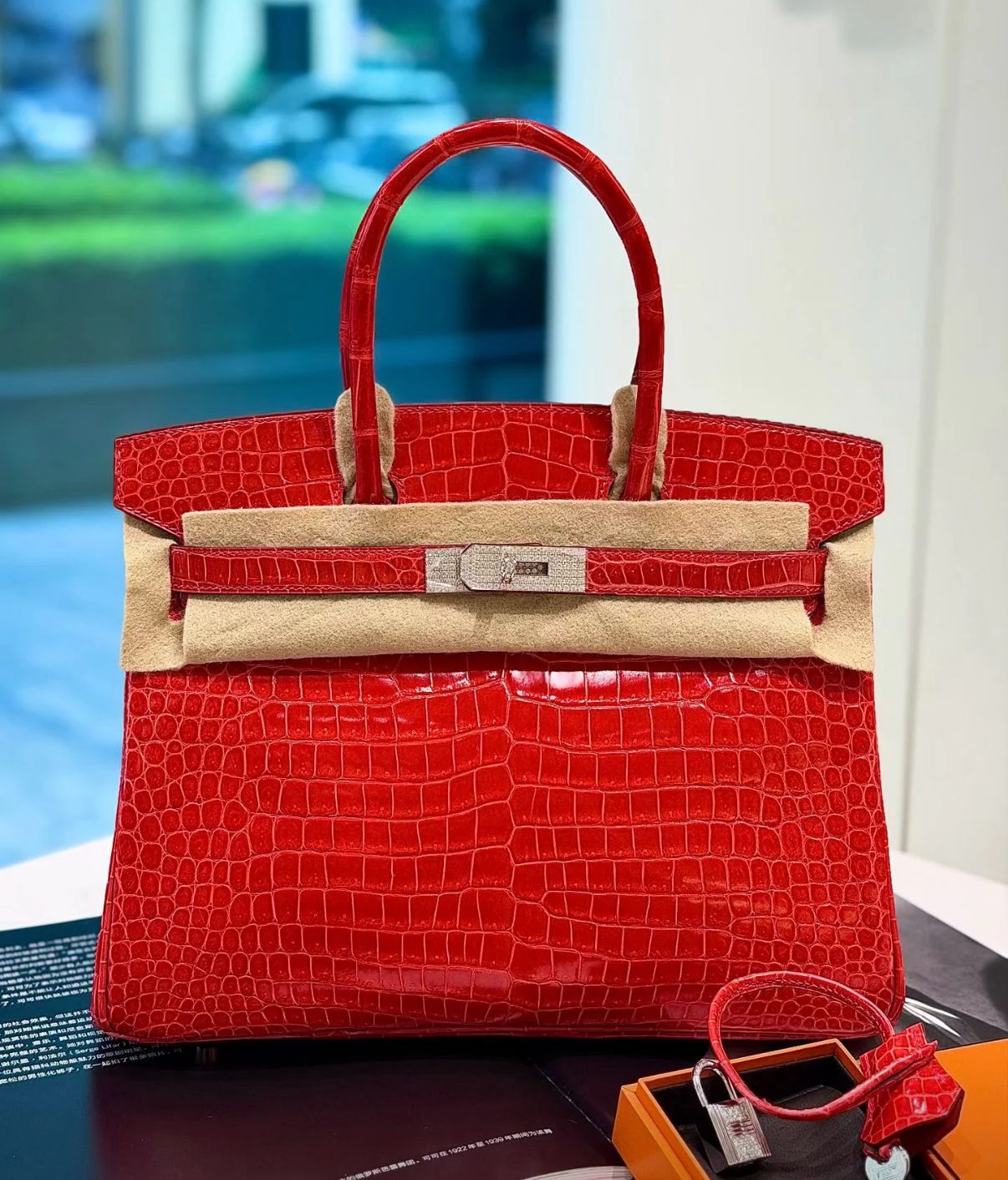 Hermès Birkin 30 Red Shiny Crocodile Leather 18k White Gold & diamond hardware