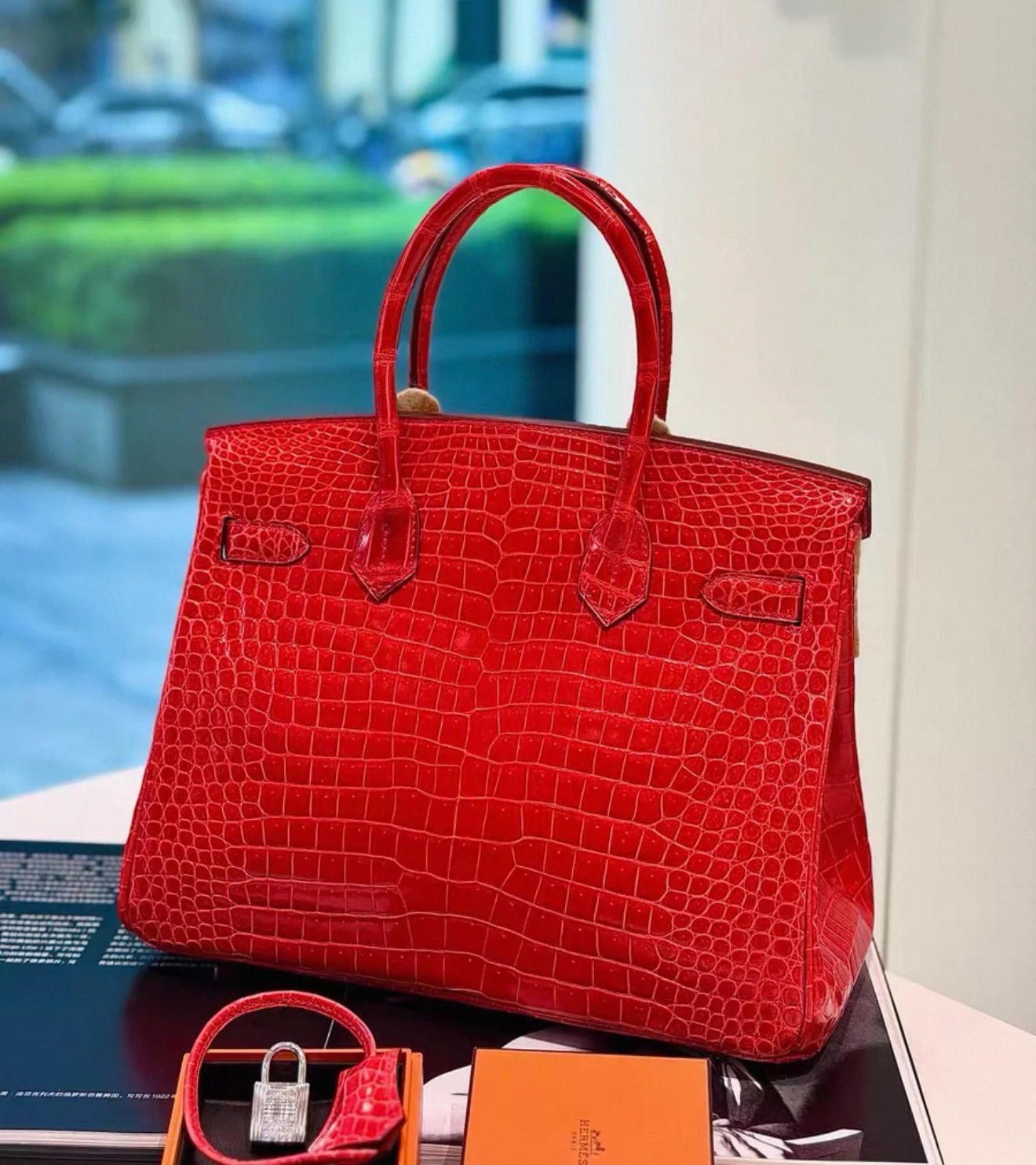 Hermès Birkin 30 Red Shiny Crocodile Leather 18k White Gold & diamond hardware - Image 4