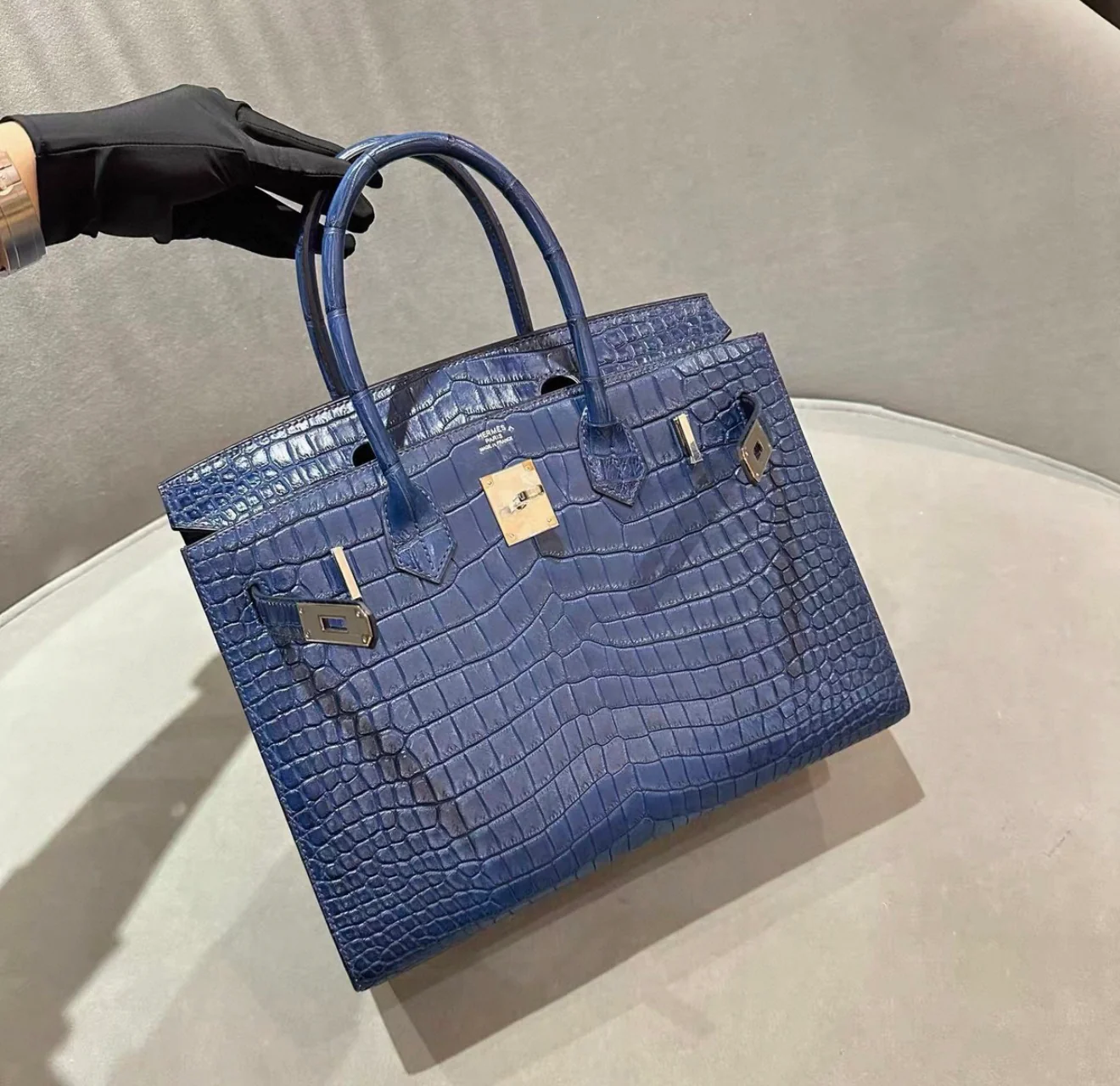 Hermes Birkin 30 Sellier Blue Indigo Matter Crocodile Leather Palladium Hardware
