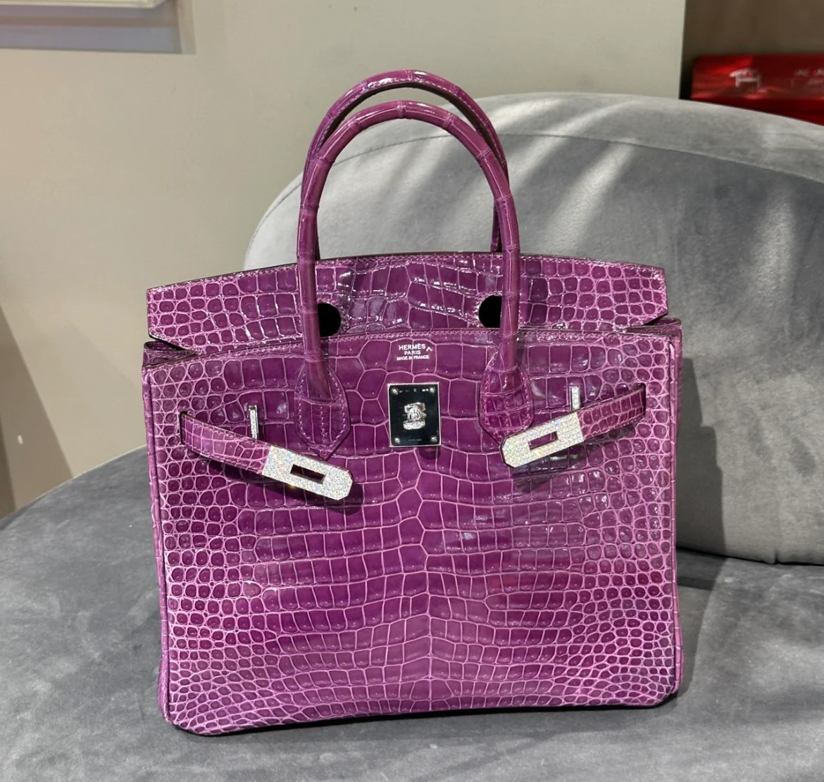Hermès Birkin 30 Violet Shiny Porosus Crocodile White Gold Diamond Hardware - Image 3