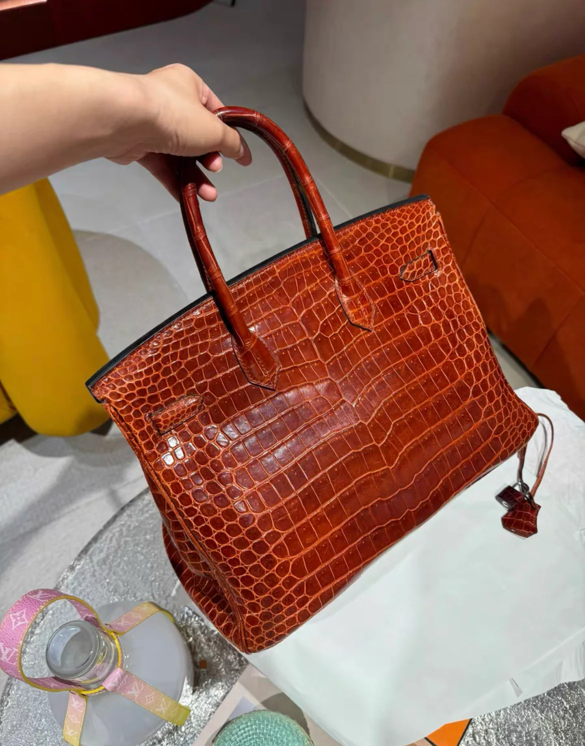Hermes Birkin 35 Braise Lipstick Red Crocodile Palladium Hardware - Image 6