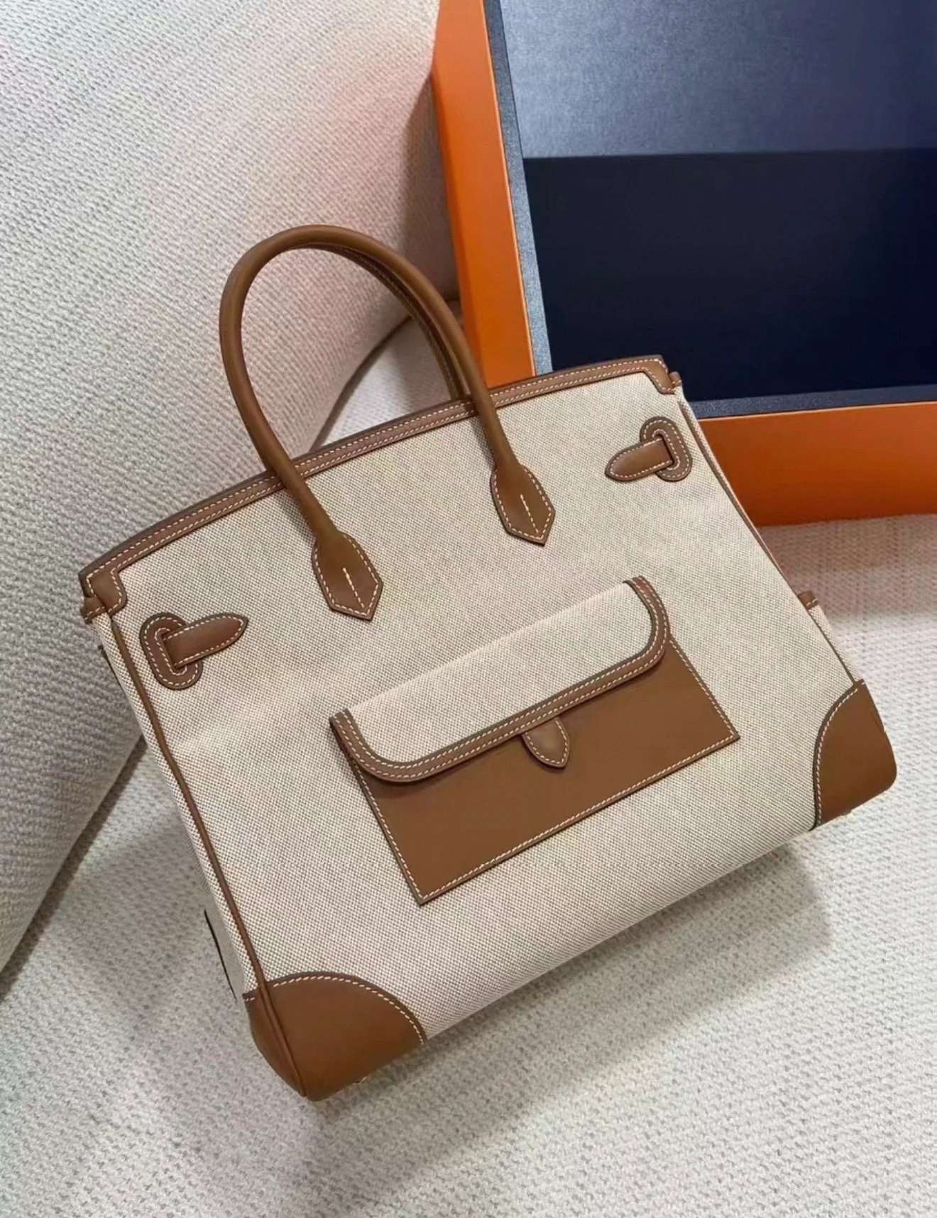 Hermes Birkin 35 Cargo Toile Gold Swift Leather Palladium Hardware - Image 2