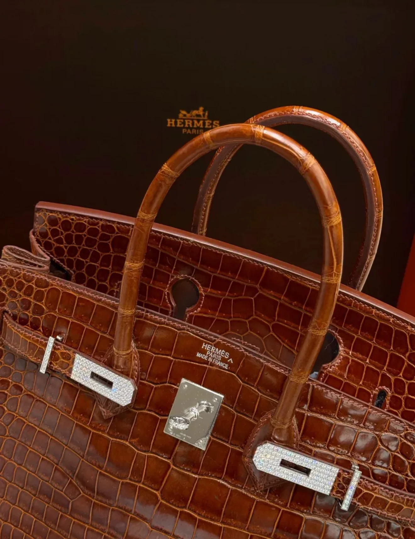 Hermes Birkin 35 Miel Honey Brown Shinny Crocodile Leather with Diamond Hardware - Image 4