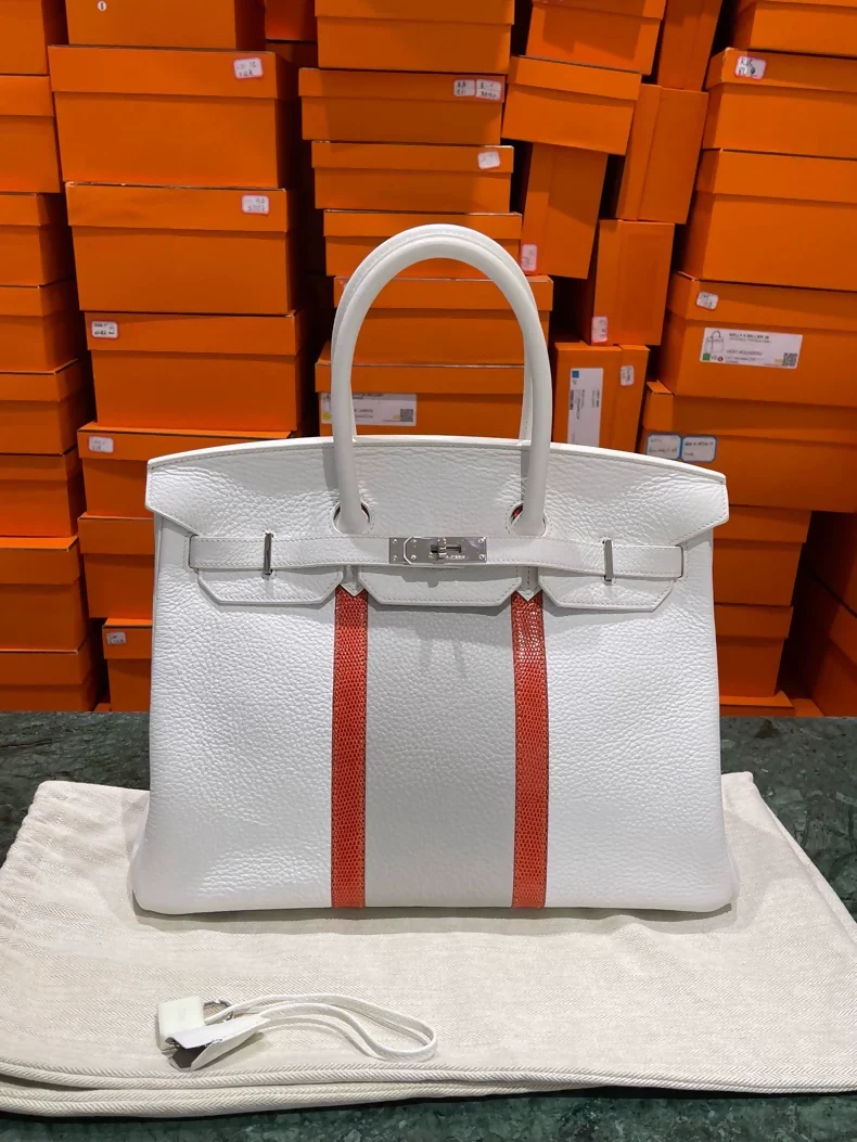 Hermes Birkin 35 white/pearl gray togo leather with red lizard leather palladium hardwre - Image 3