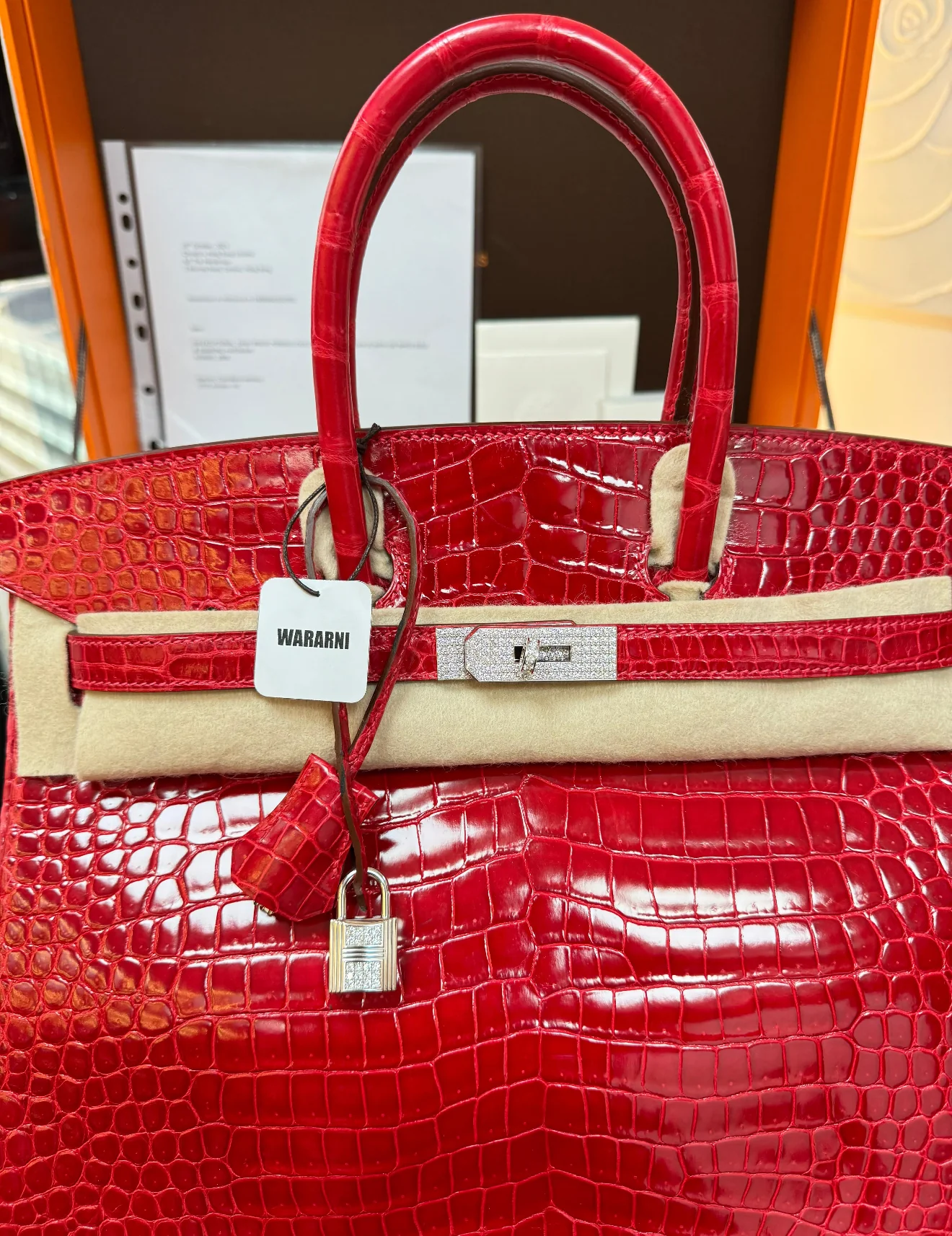 Hermès Birkin 35 Rouge Braise Shiny Porosus Crocodile – 18K White Gold & Diamond Hardware - Image 2