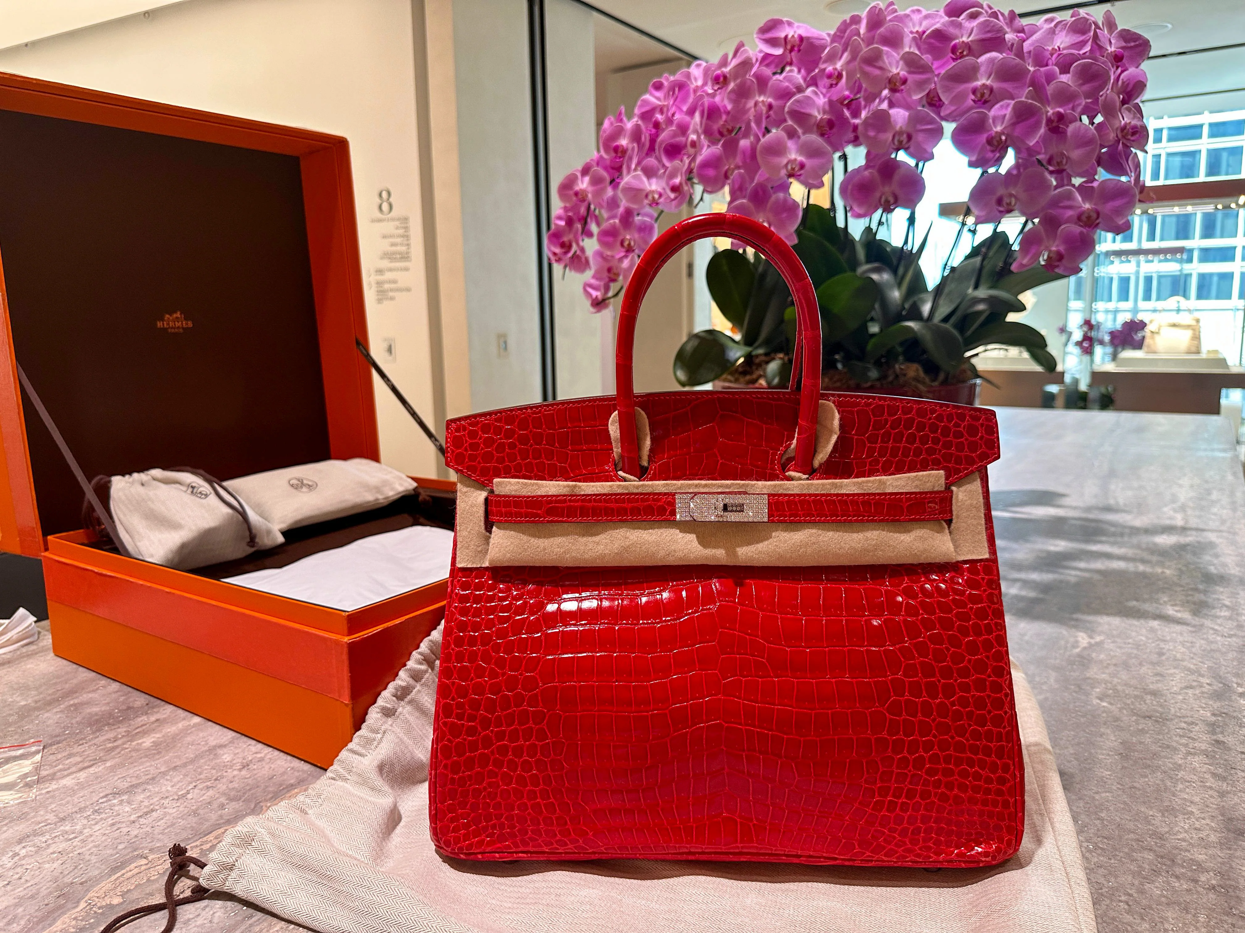 Hermès Birkin 35 Rouge Braise Shiny Porosus Crocodile – 18K White Gold & Diamond Hardware - Image 3