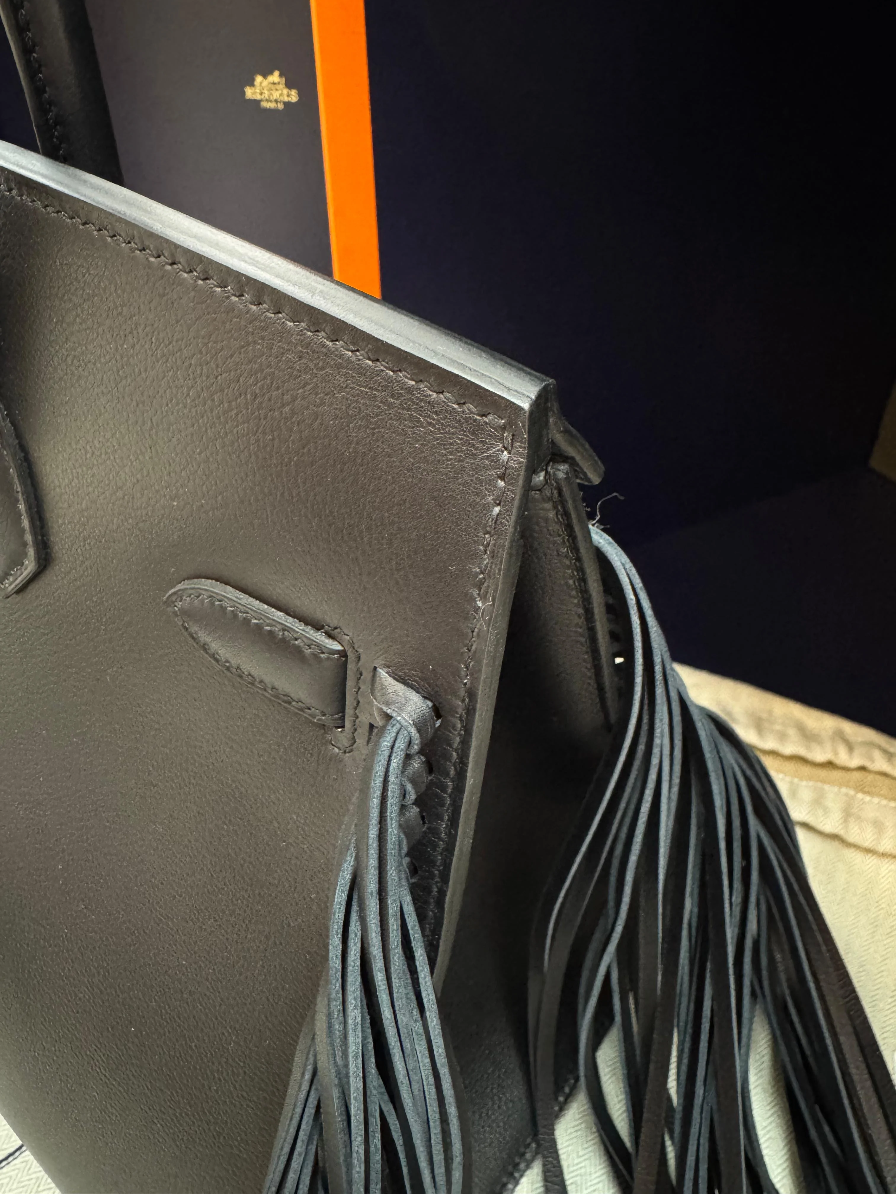 Hermès Birkin 35 Sellier Black Anate Fringe Evercolor leather Palladium Hardware - Image 13