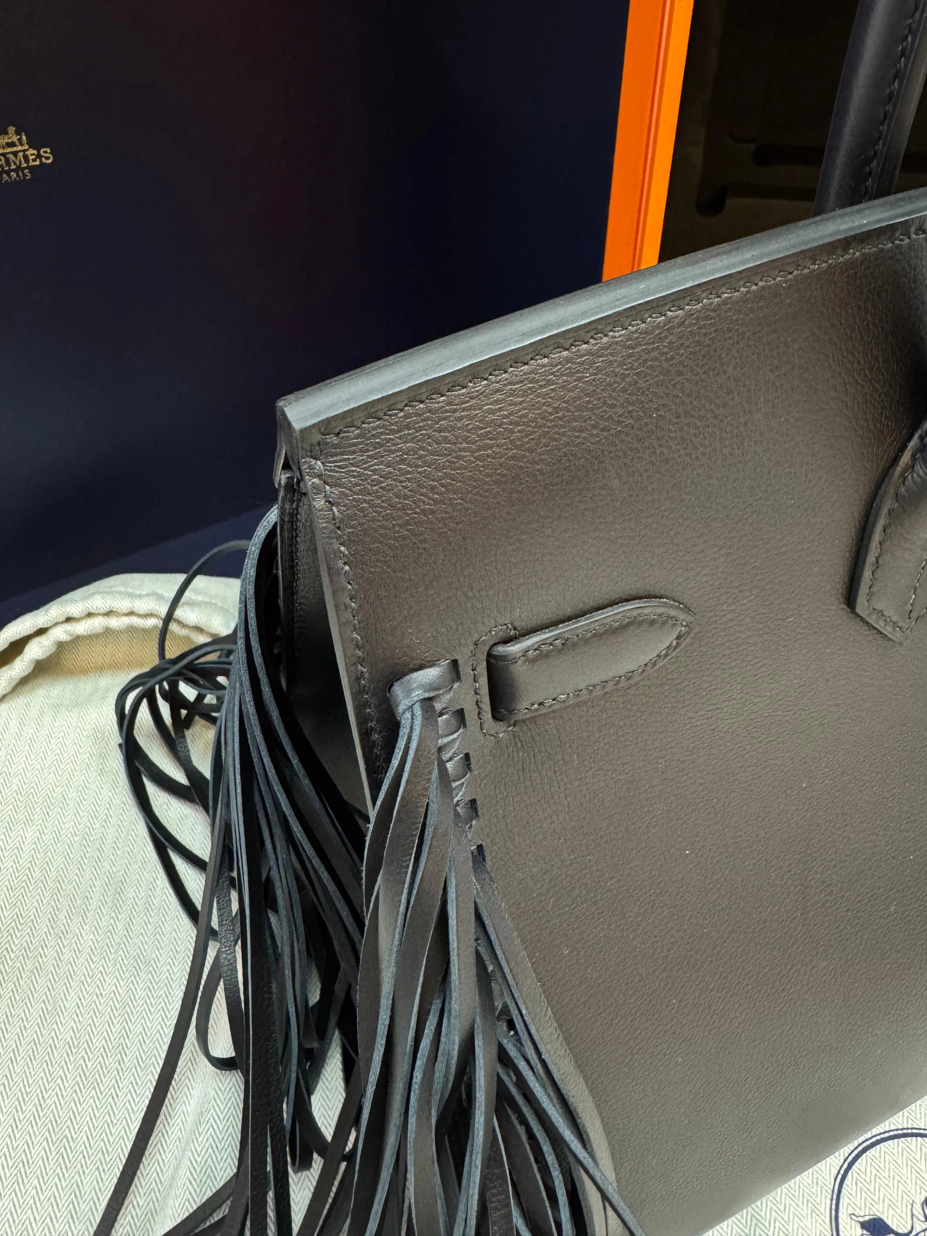 Hermès Birkin 35 Sellier Black Anate Fringe Evercolor leather Palladium Hardware - Image 14