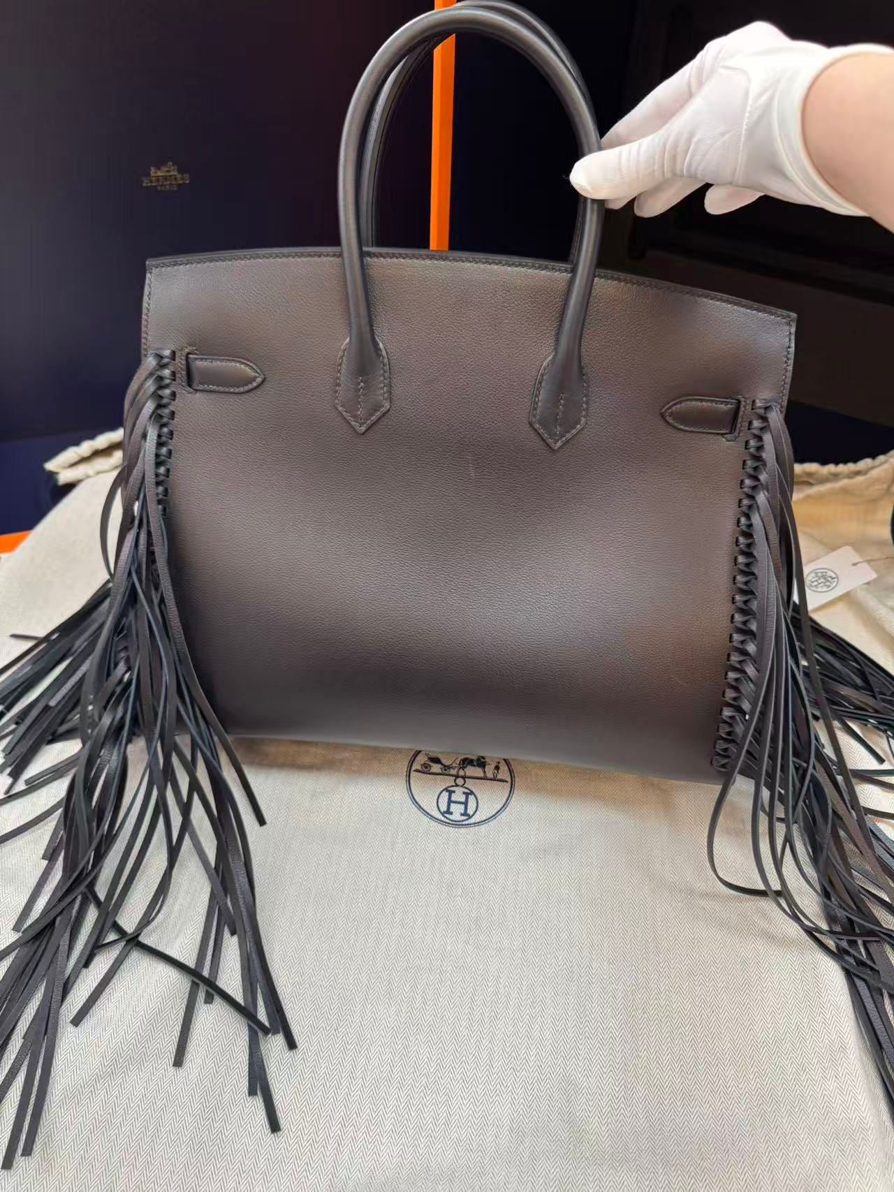 Hermès Birkin 35 Sellier Black Anate Fringe Evercolor leather Palladium Hardware - Image 8
