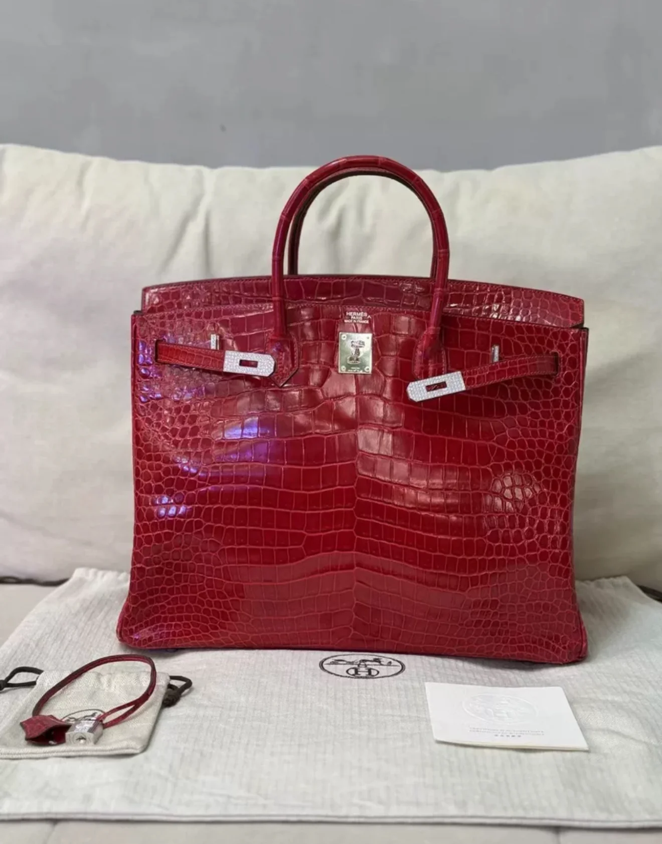 Hermès Birkin 40 Rouge Braise Shiny Porosus Crocodile 18K White Gold and Diamond Hardware