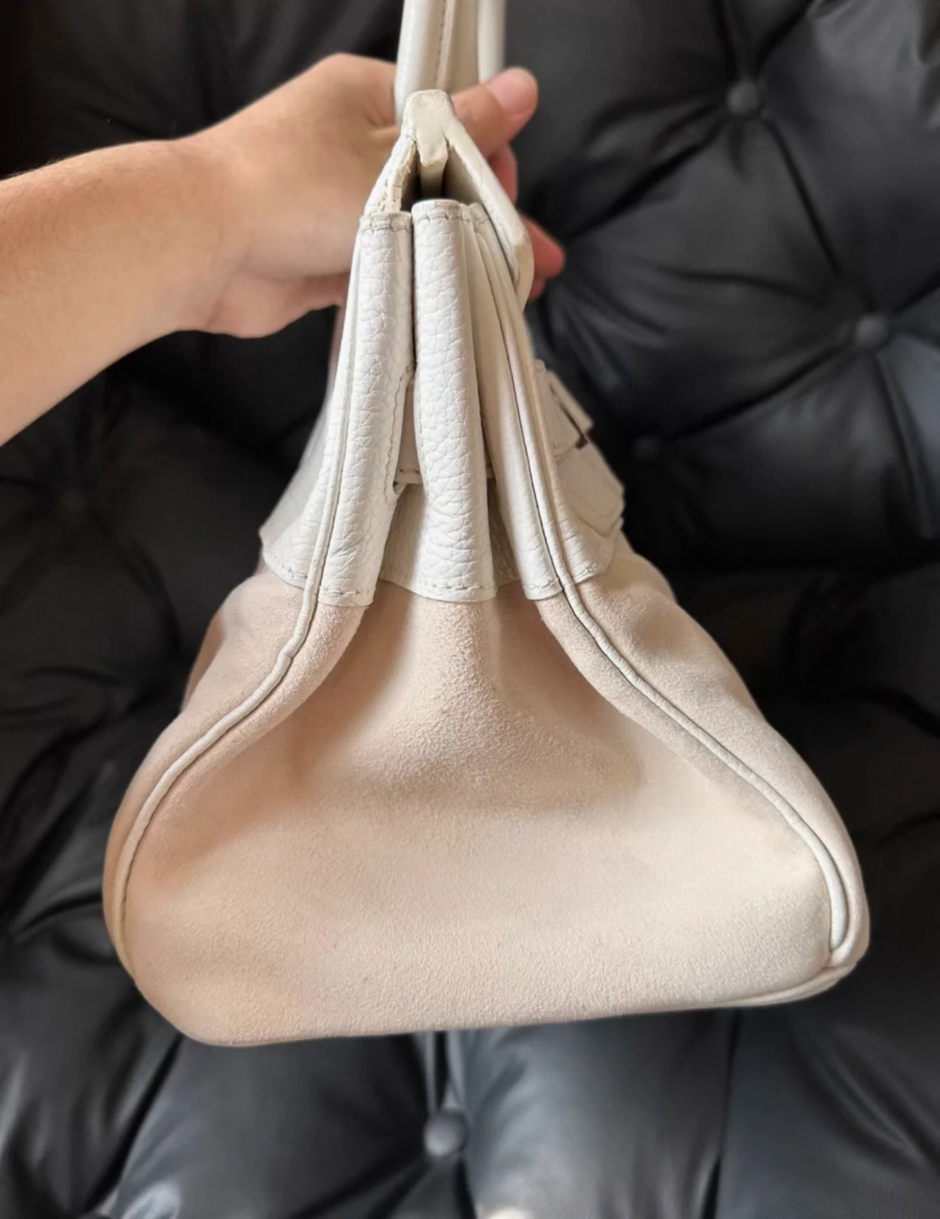 Hermes Birkin Shoulder 42 Cream White leather & Doblis suede with palladium hardware - Image 4