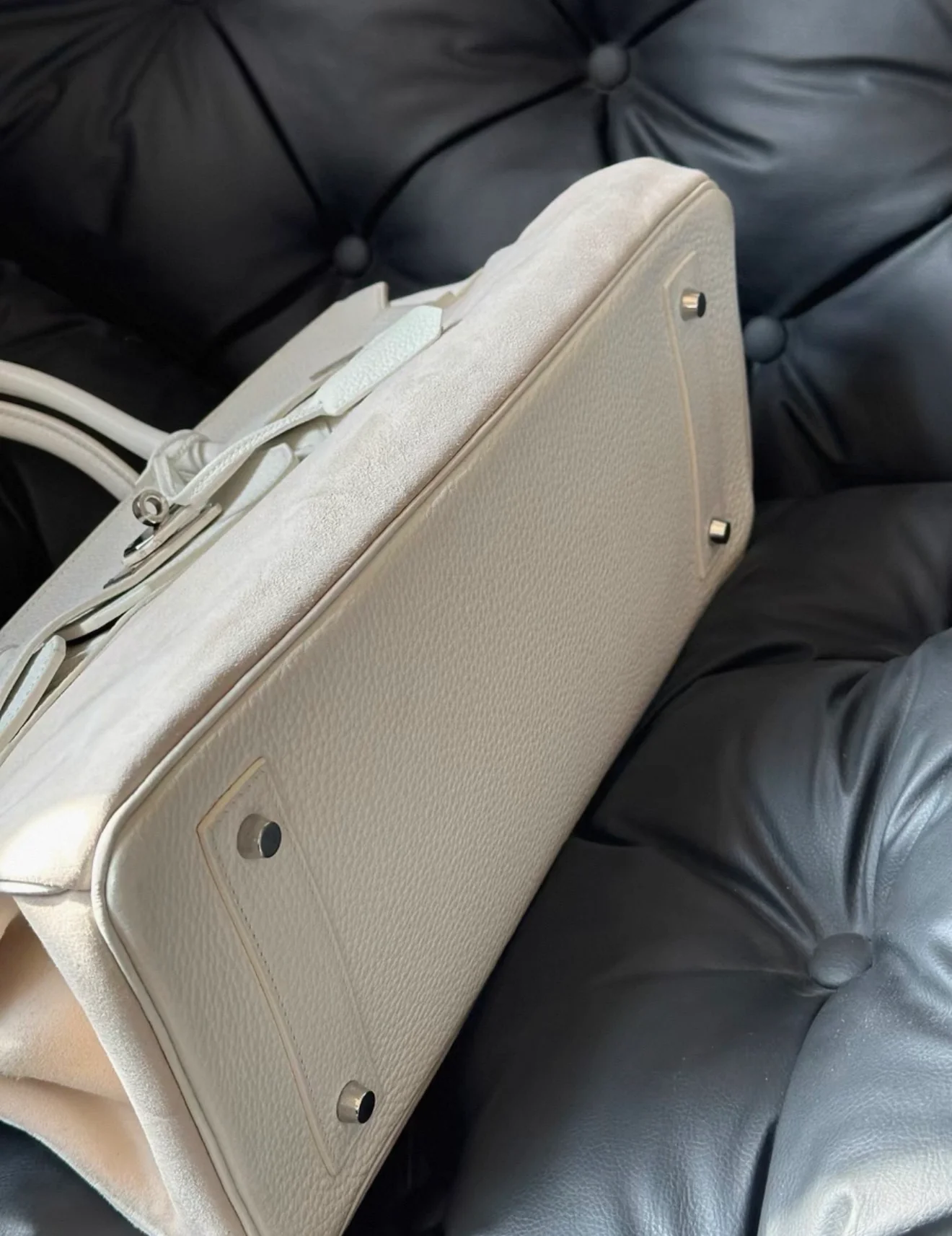 Hermes Birkin Shoulder 42 Cream White leather & Doblis suede with palladium hardware - Image 7