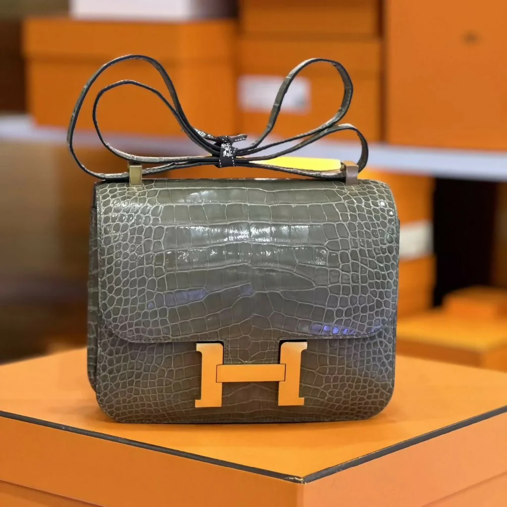 Hermès Constance 24 Gris Tourterelle shiny Crocodile leather with Gold Hardware