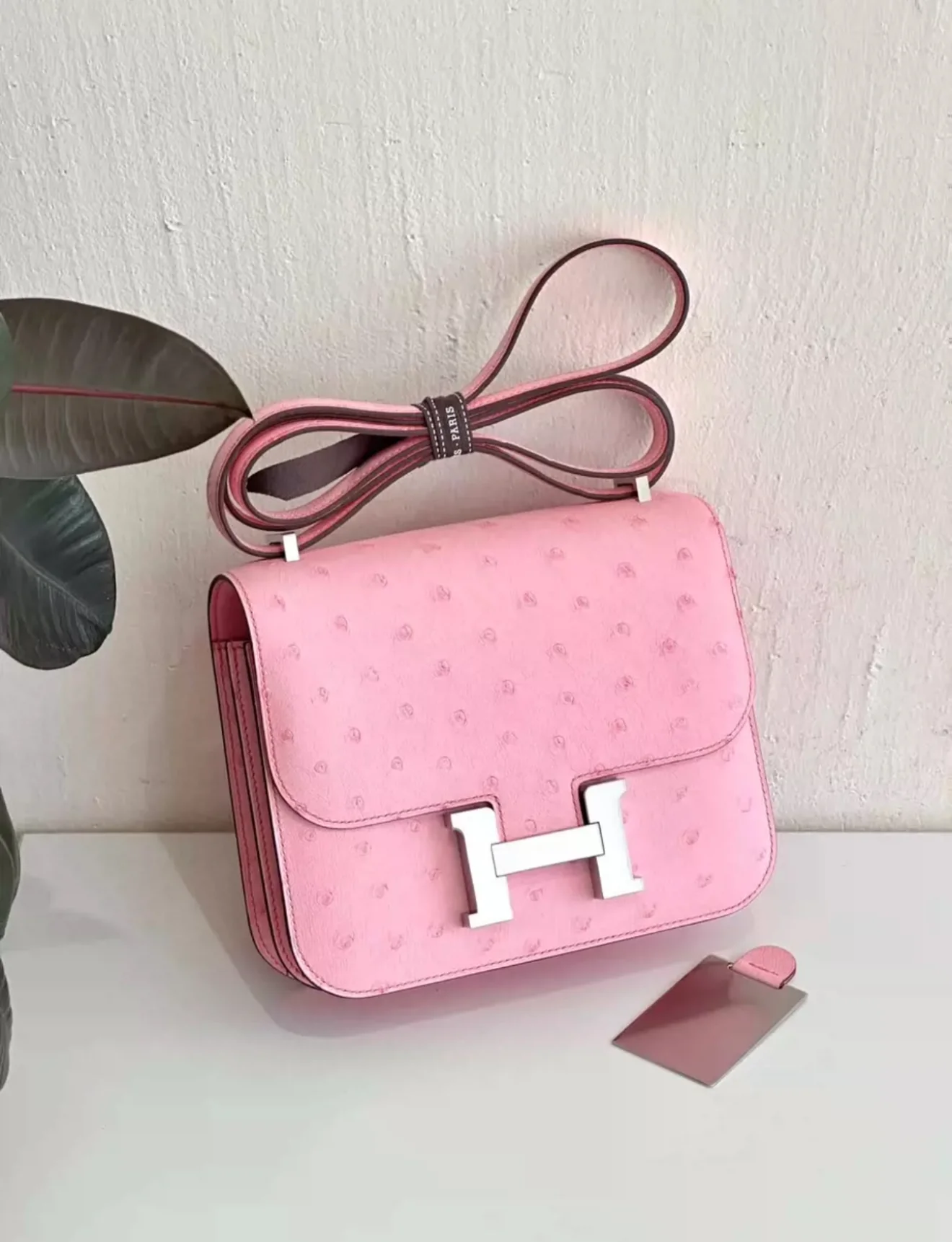 Hermes Constance mini Mirror Rose bubblegum Ostrich leather Palladium hardware - Image 2