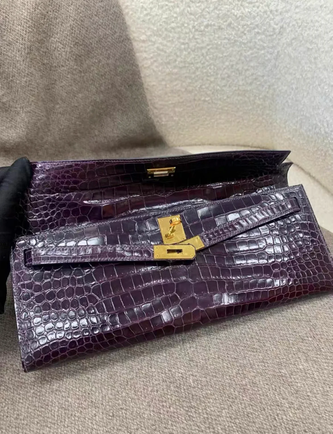 Hermès Kelly Cut Amethysts shiny Crocodile with gold hardware Clutch - Image 4