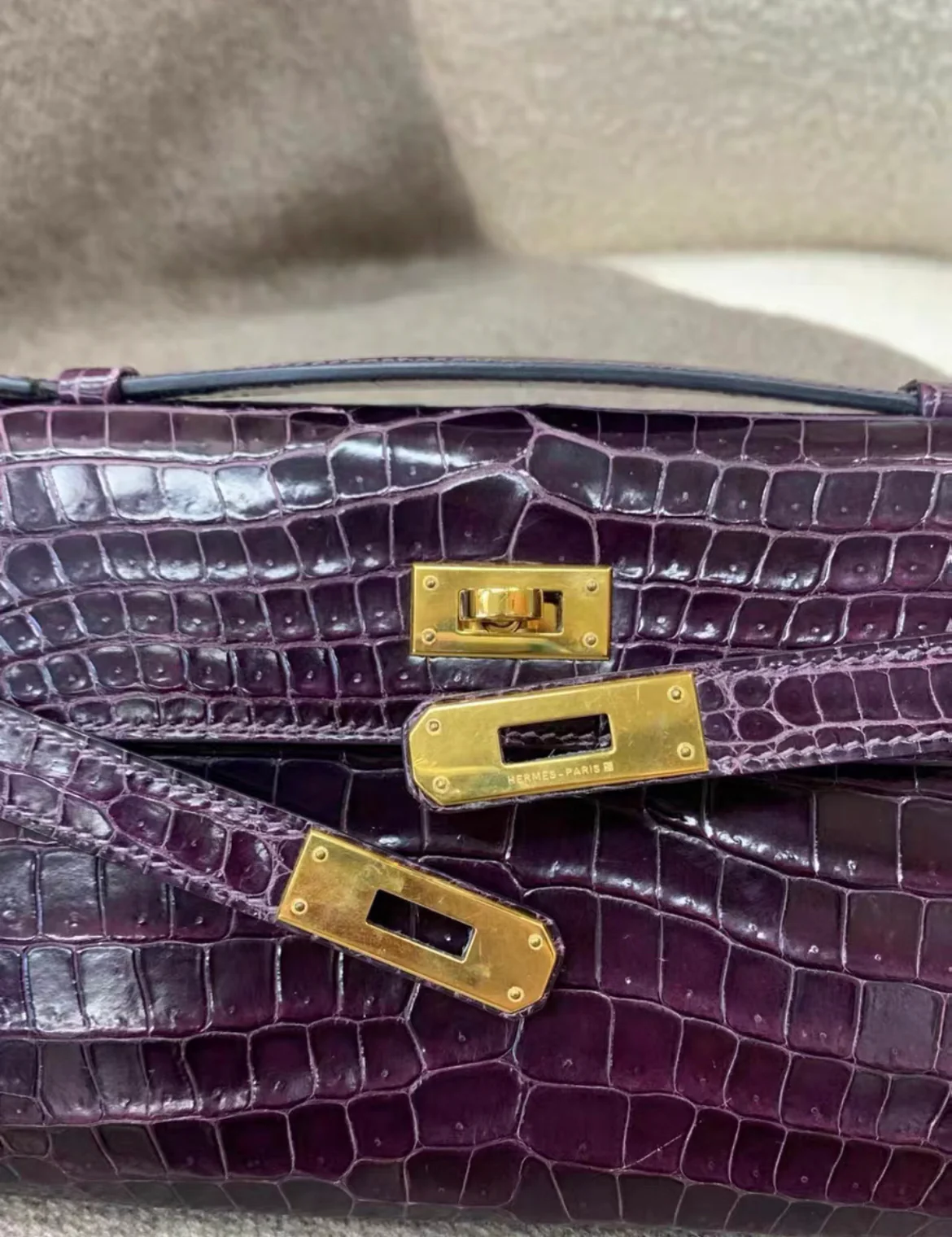 Hermès Kelly Cut Amethysts shiny Crocodile with gold hardware Clutch - Image 5