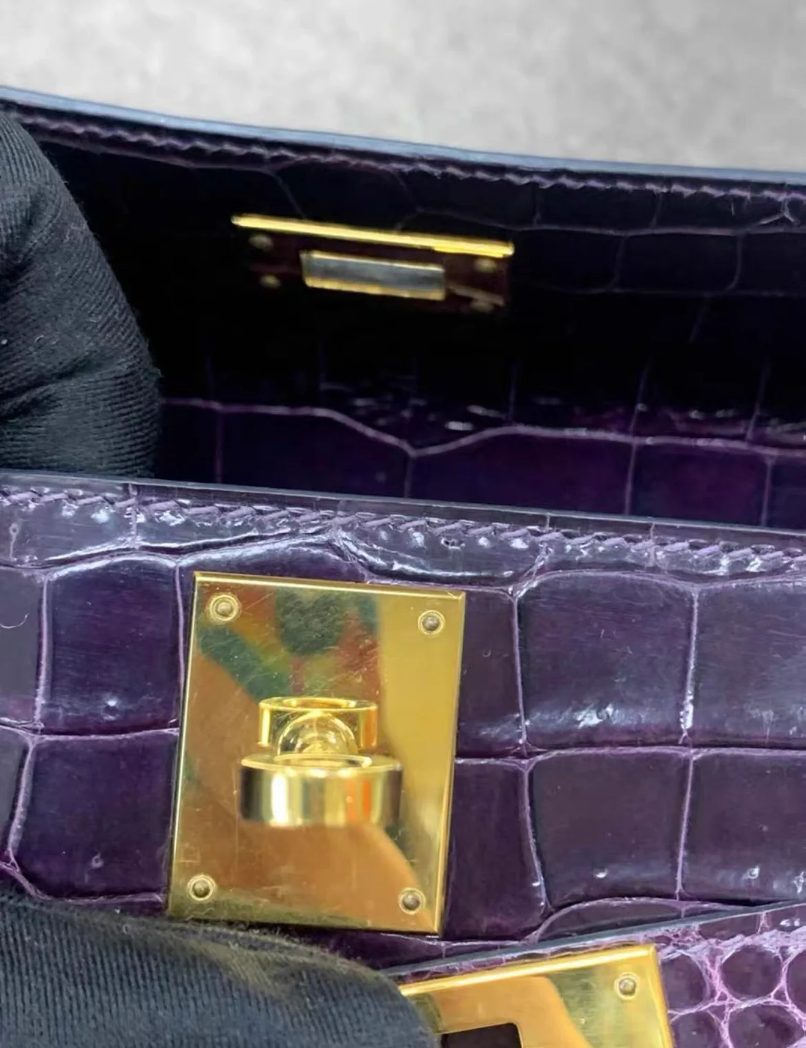 Hermès Kelly Cut Amethysts shiny Crocodile with gold hardware Clutch - Image 6