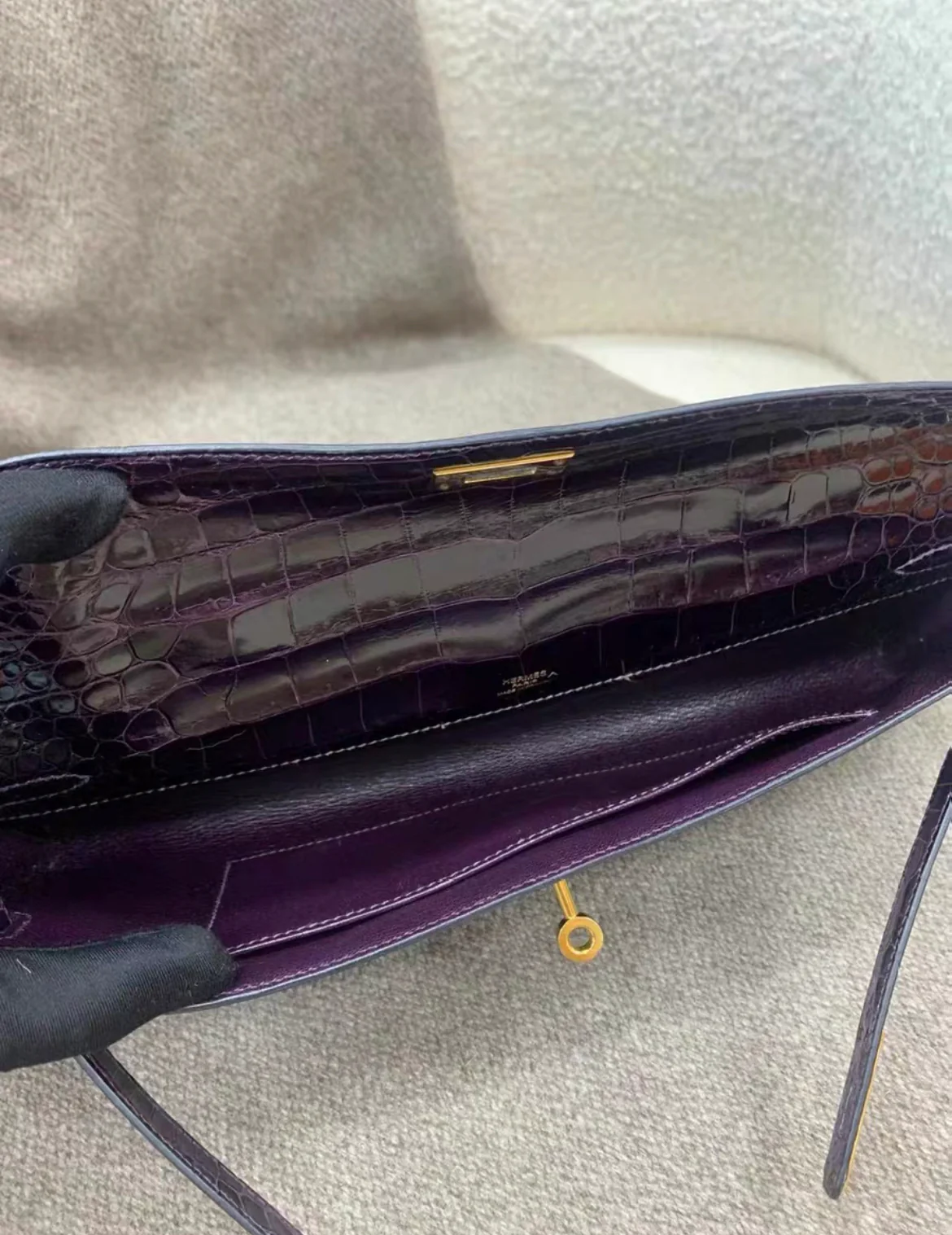 Hermès Kelly Cut Amethysts shiny Crocodile with gold hardware Clutch - Image 9