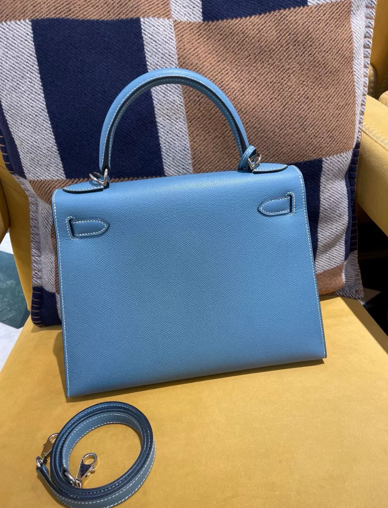 Hermes Kelly 28 Blue Denim Epsom Leather Palladium Hardware - Image 2