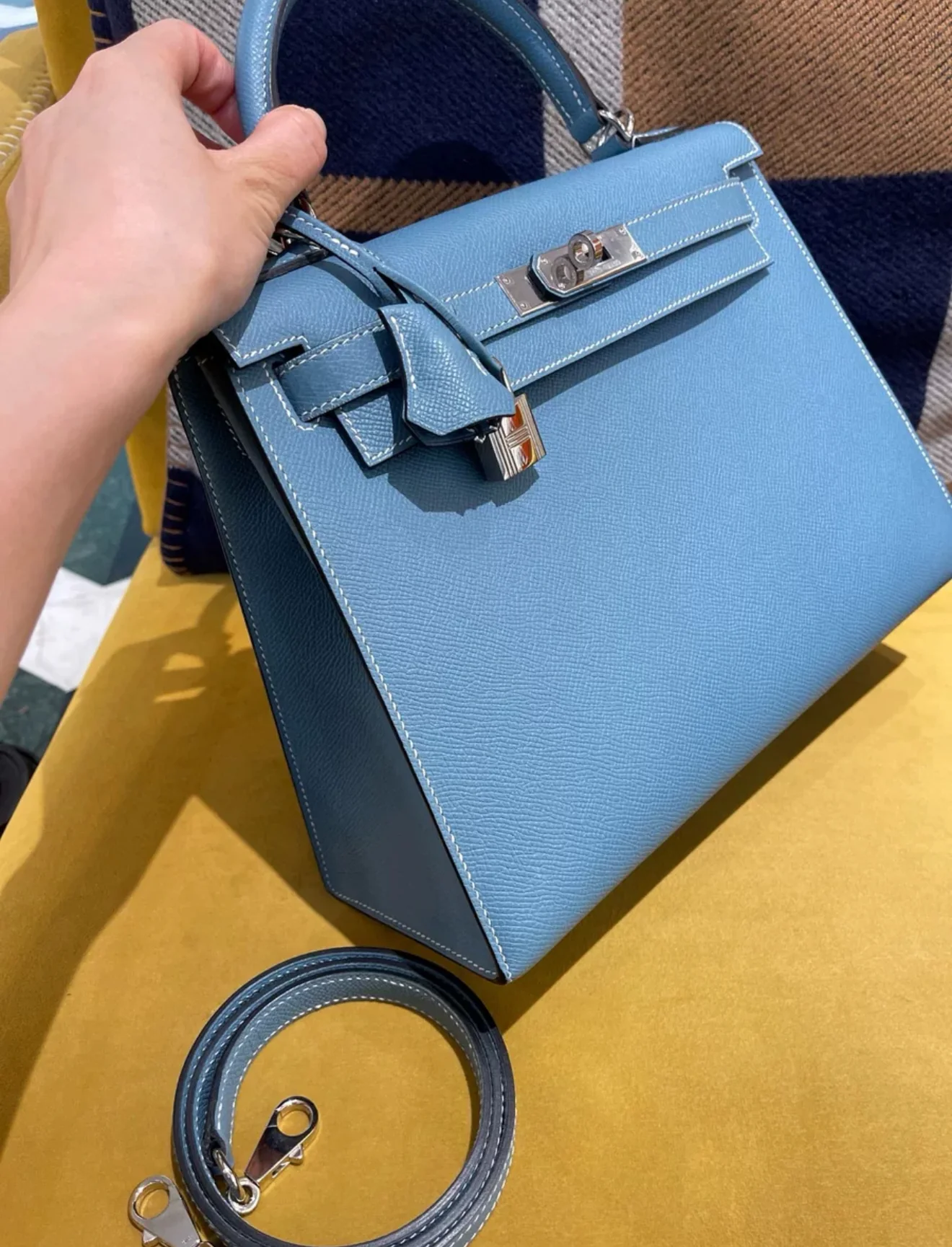 Hermes Kelly 28 Blue Denim Epsom Leather Palladium Hardware - Image 3