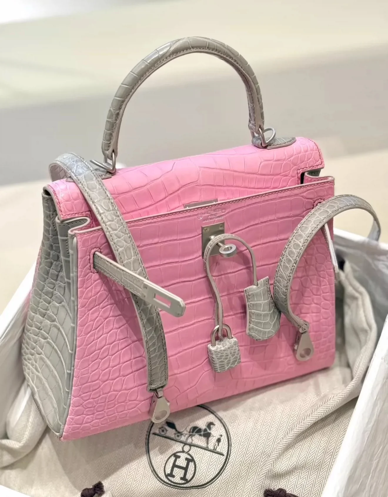Hermès Kelly 25 5P Bubblegum & Pearl Gray Matte Crocodile Leather Palladium Hardware - Image 2