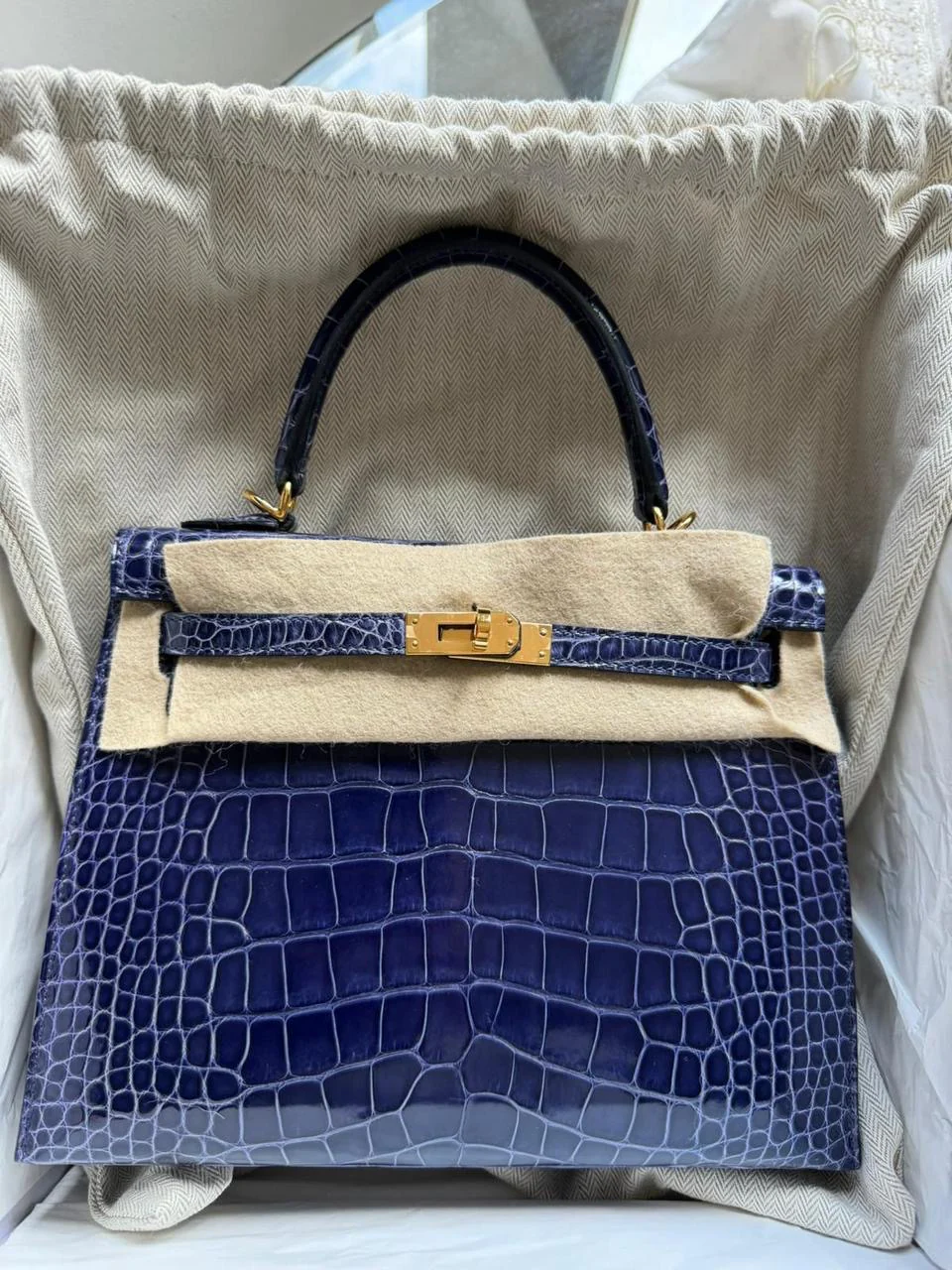 Hermes Kelly 25 Blue Encre shiny crocodile Gold Hardware