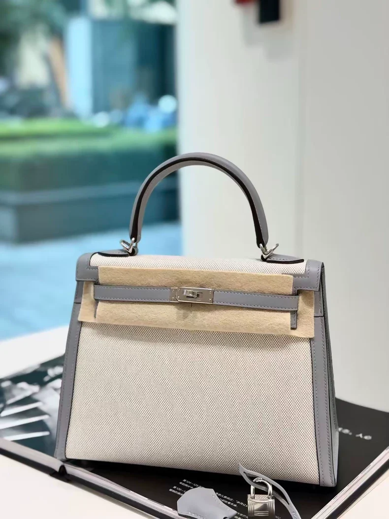 Hermes Kelly 25 toile & grey swift leather palladium hardware - Image 2