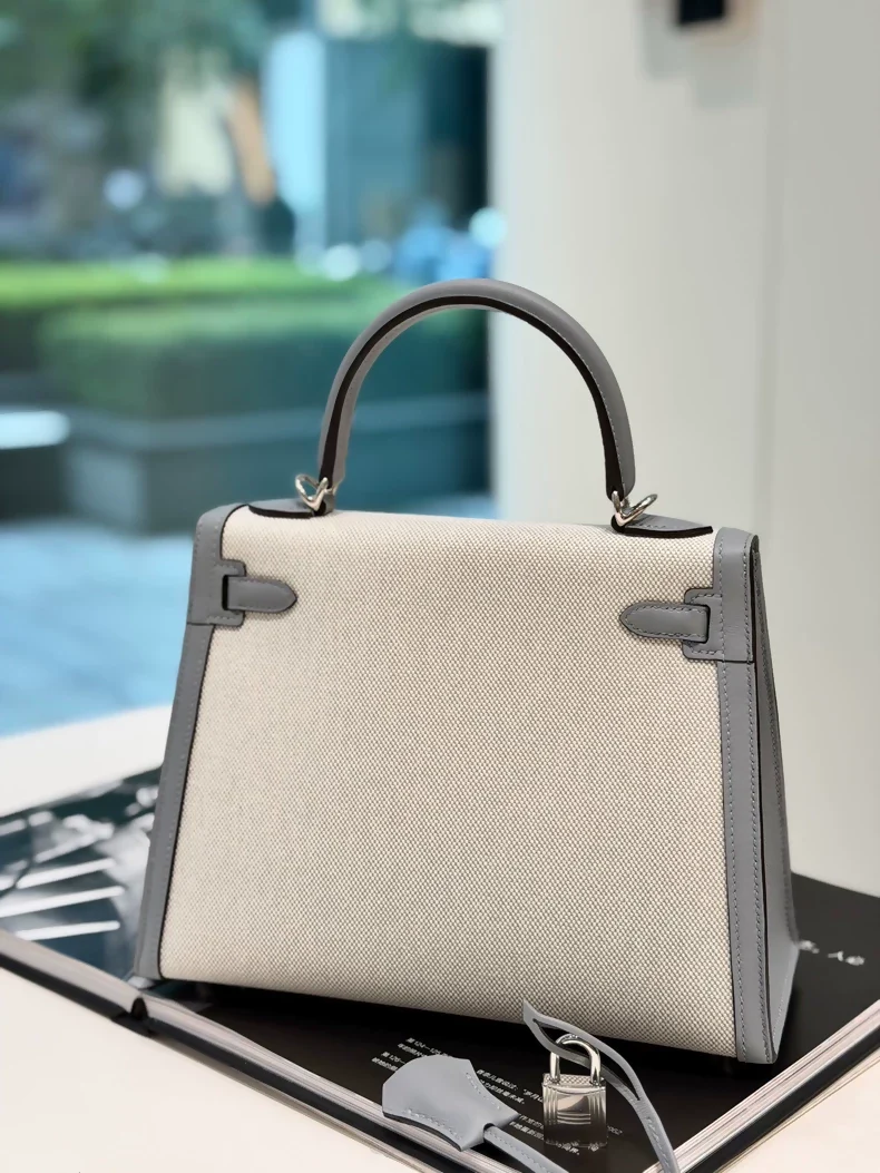 Hermes Kelly 25 toile & grey swift leather palladium hardware - Image 3