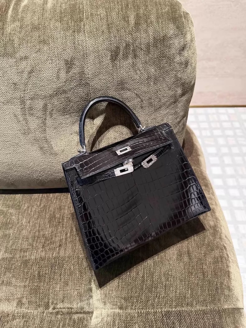 Hermes Kelly 25 CK89 black shiny crocodile leather palladium hardware - Image 2