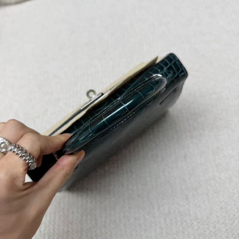 Hermes Kelly 25 Vert Rousseau Green shiny crocodile leather palladium hardware - Image 3