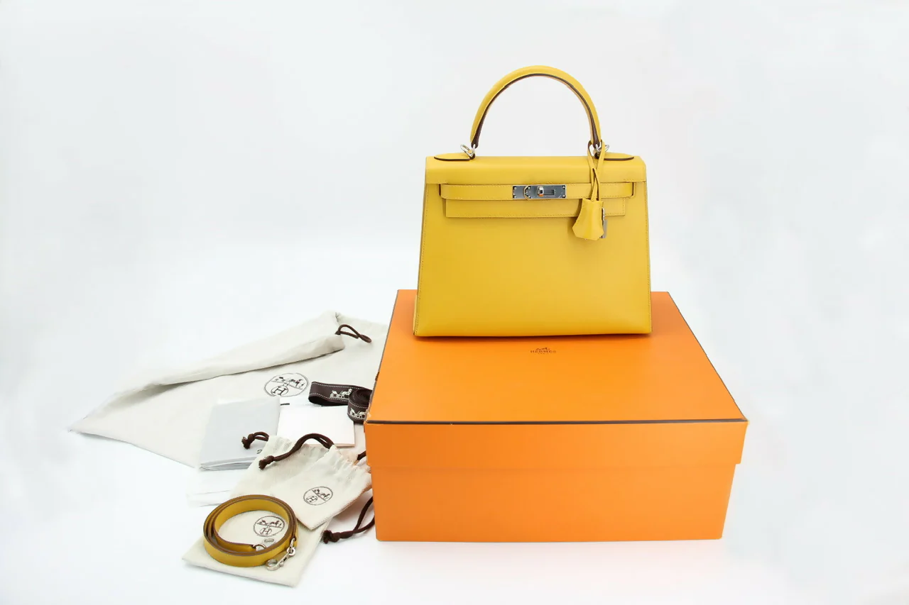 Hermes Kelly 28 Jaune Ambre Epsom Leather Palladium Hardware