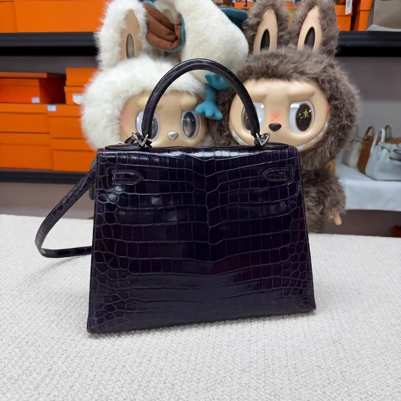 Hermes Kelly 28 9G amethyst shiny crocodile leather palladium hardware - Image 2