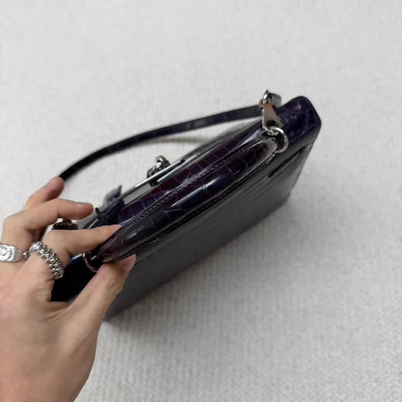 Hermes Kelly 28 9G amethyst shiny crocodile leather palladium hardware - Image 3