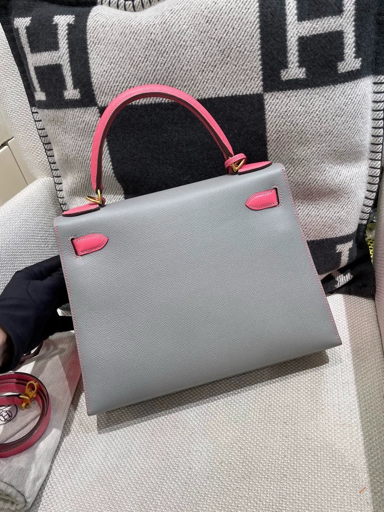 Hermes Kelly 28 Grey & Pink Epsom Leather with brushed gold hardware - Image 2