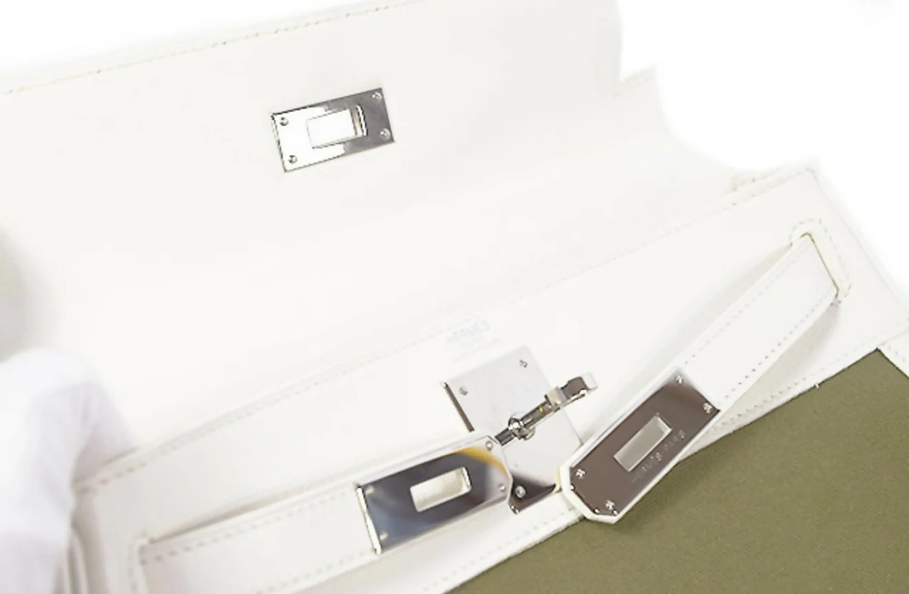 Hermes Kelly 28 white leather with green fabrics Phw - Image 10
