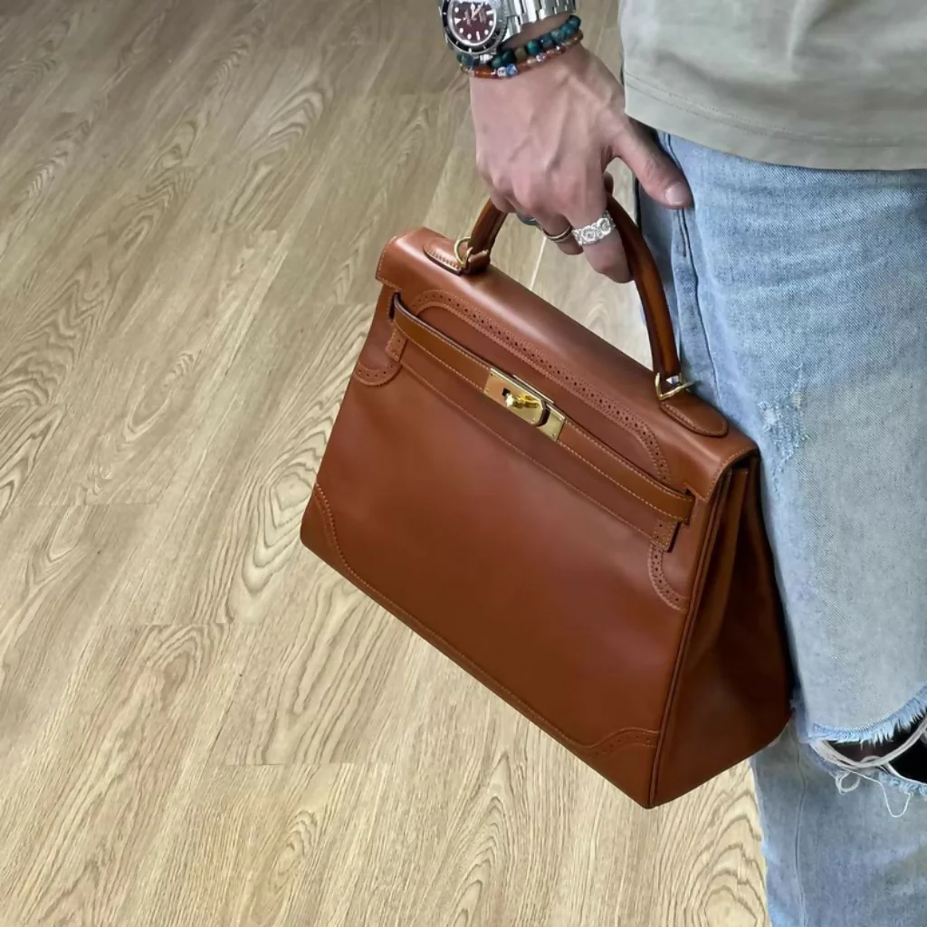 Hermes Kelly Ghillies bag 35 Retourne Fauve Tadelakt leather gold hardware - Image 3