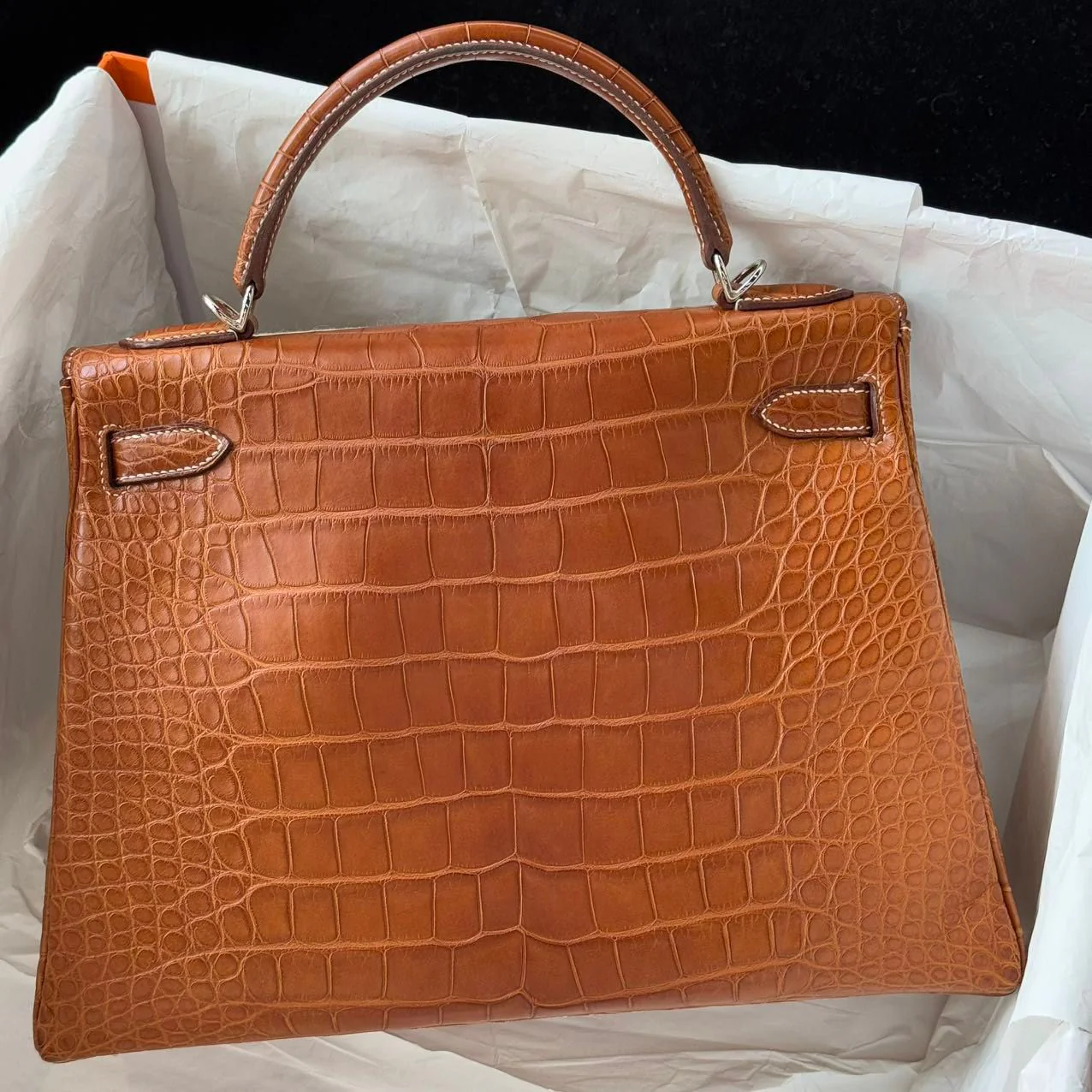 Hermes Kelly 32 Matte Crocodile Fauve Barenia Leather palladium hardware - Image 3
