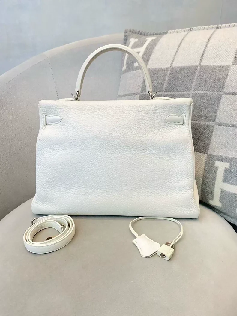 Hermes Kelly 35 01 pure white togo leather brushed palladium hardware - Image 2