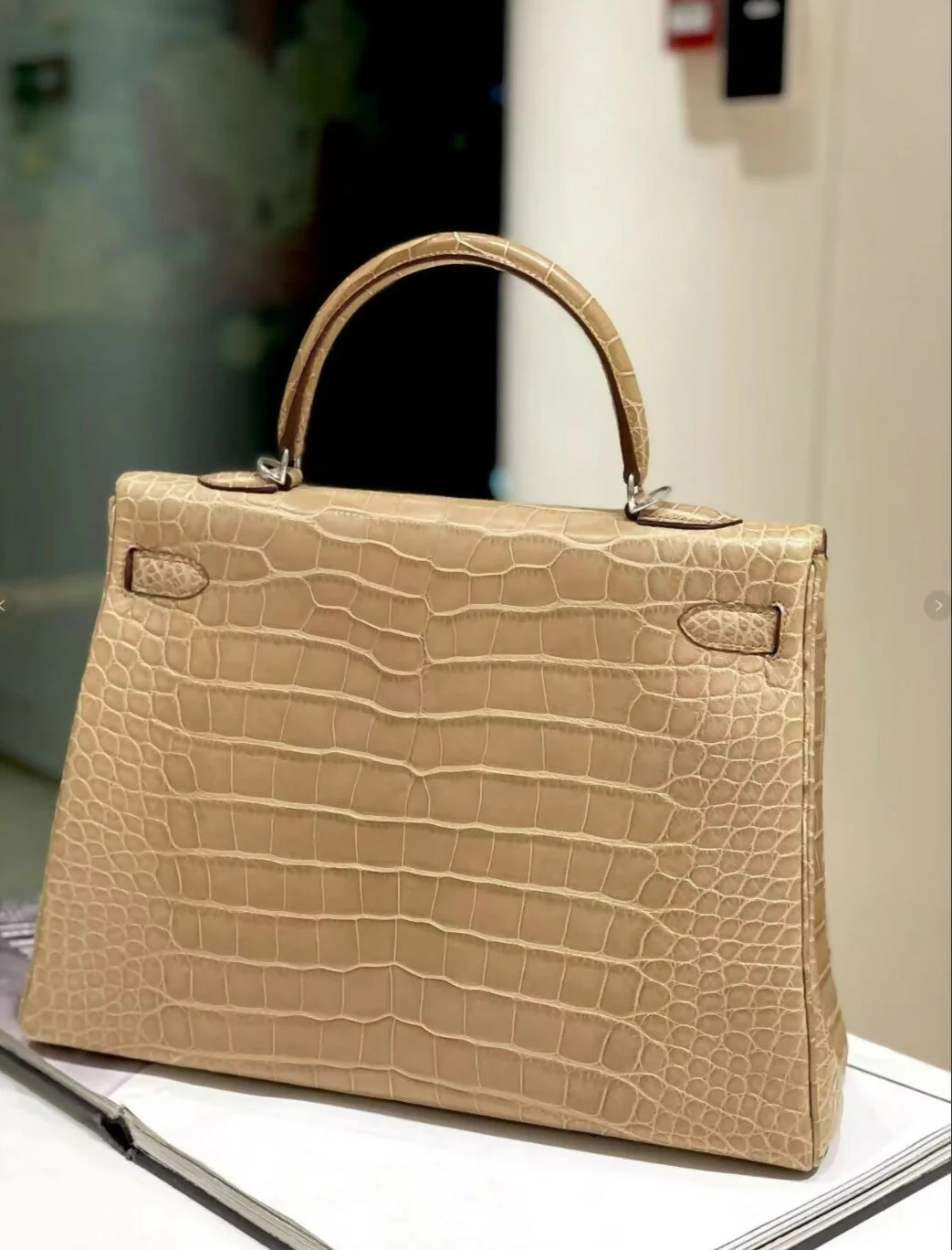 Hermes Kelly 35 Beige Matte Crocodile Leather Palladium Hardware - Image 2