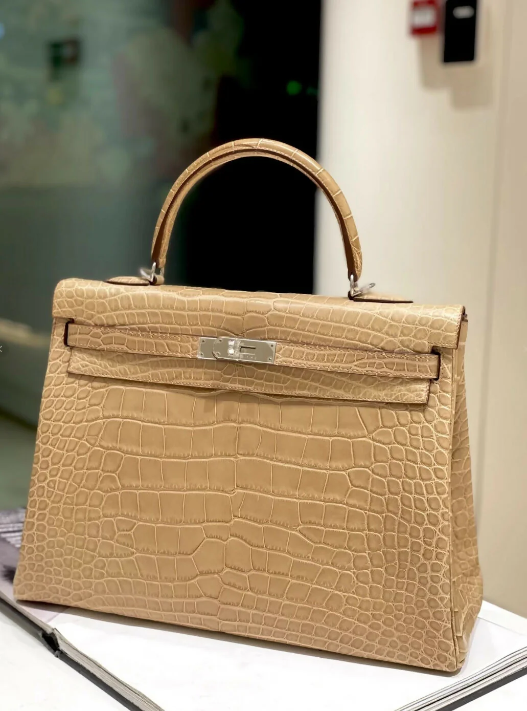 Hermes Kelly 35 Beige Matte Crocodile Leather Palladium Hardware - Image 3