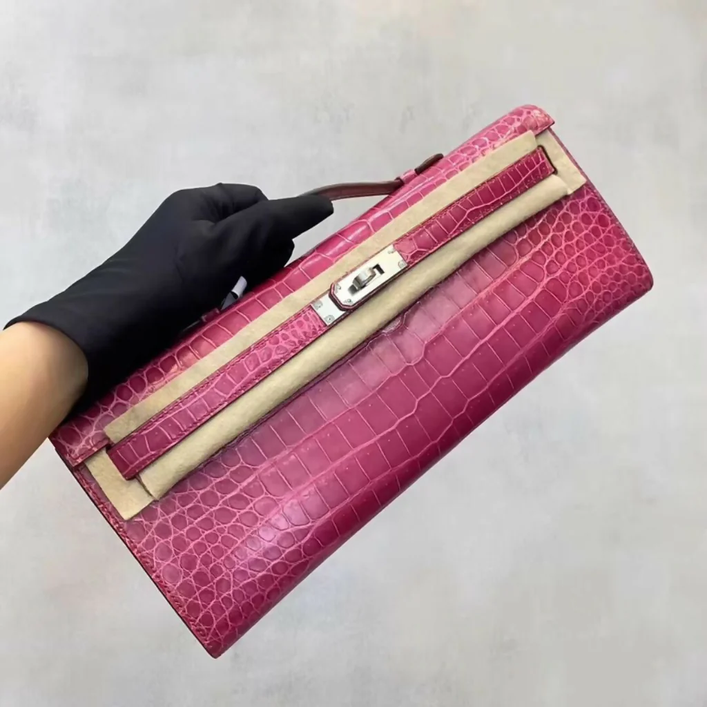 Hermes kelly cut 5J Fushia Shiny Crocodile Leather Palladium Hardware - Image 3