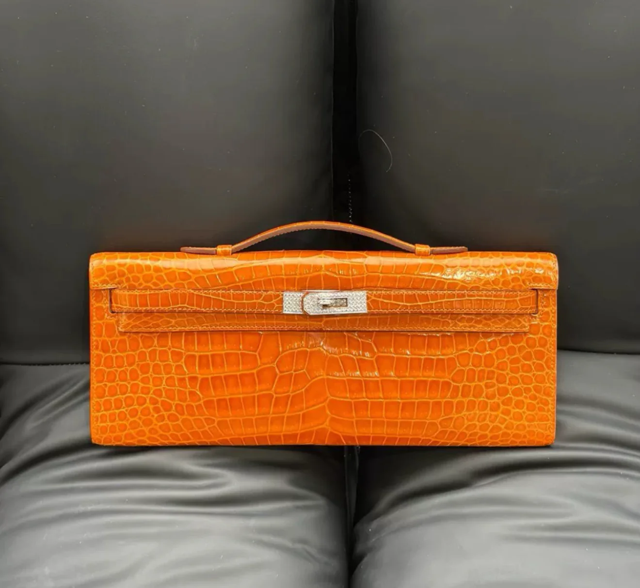 Hermes Kelly Cut Orange Crocodile Leather White Gold Diamond Hardware - Image 4