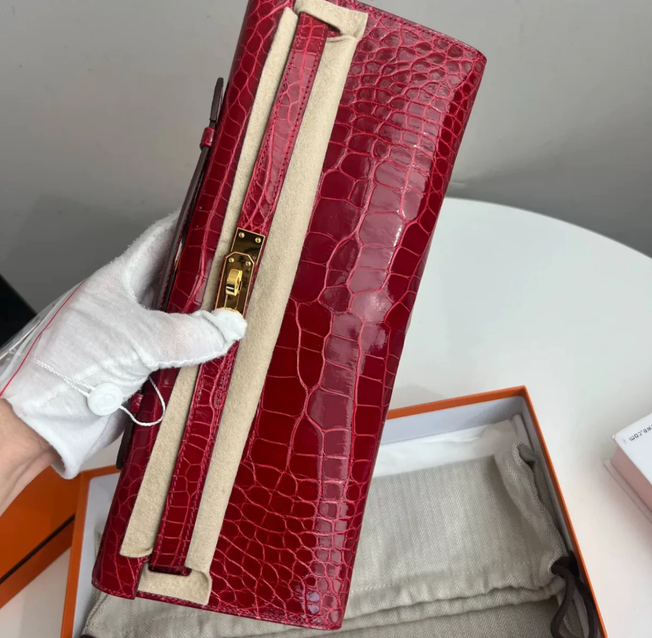 Hermes Kelly Cut Red Crocodile Leather Gold Hardware