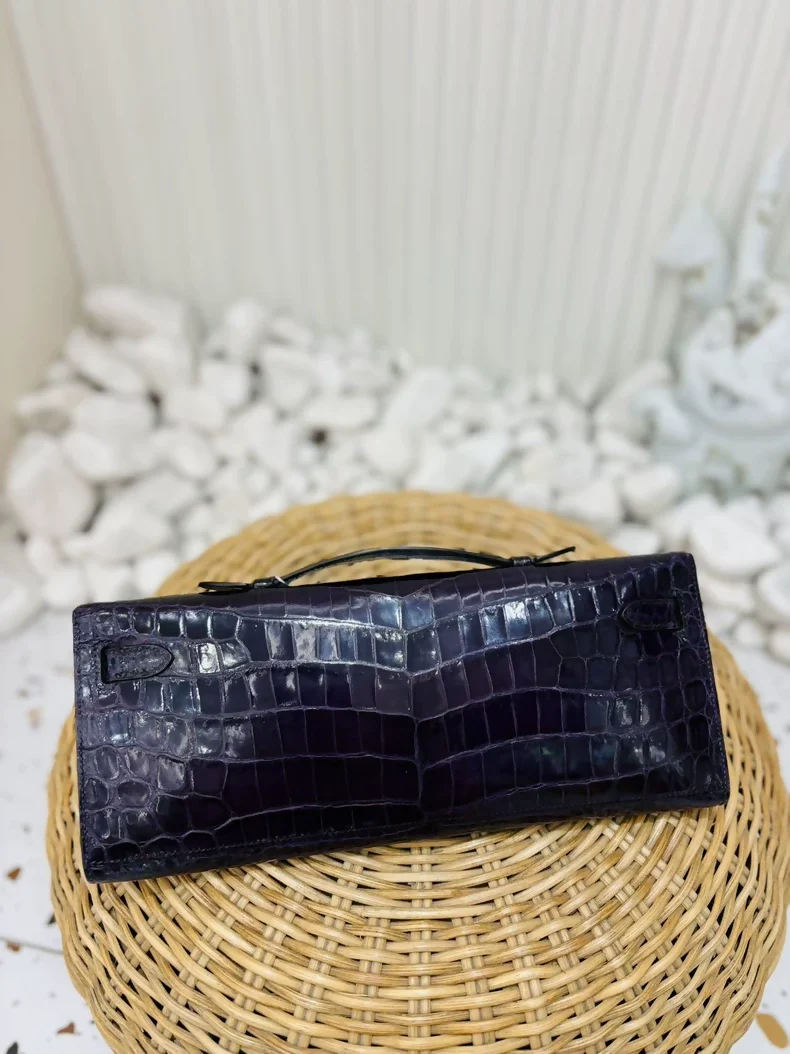 Hermes Kelly cut purple prunoir shiny crocodile palladium hardware - Image 2