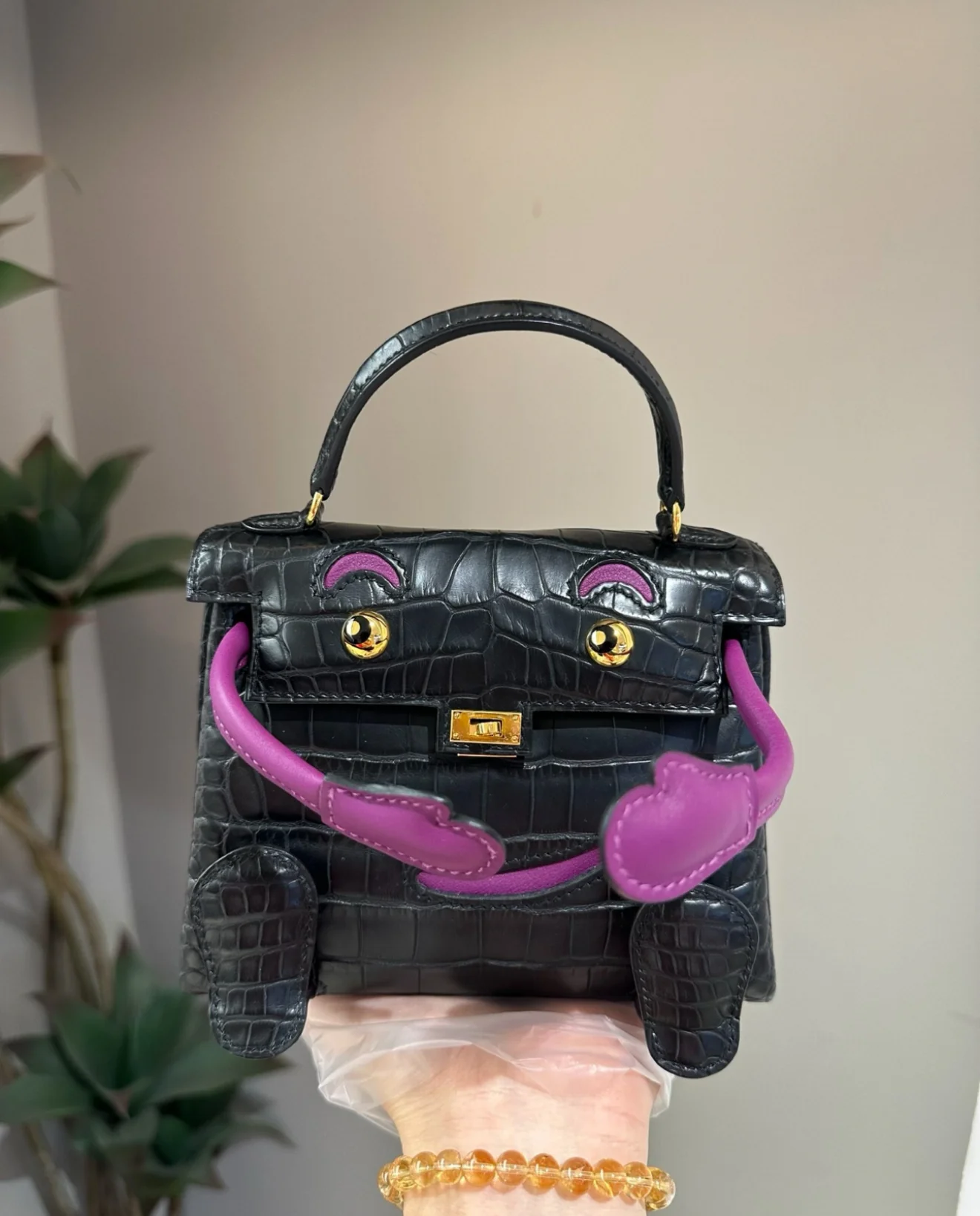 Hermes Kelly Doll Black & Anemone Purple Alligator Crocodile Gold Hardware