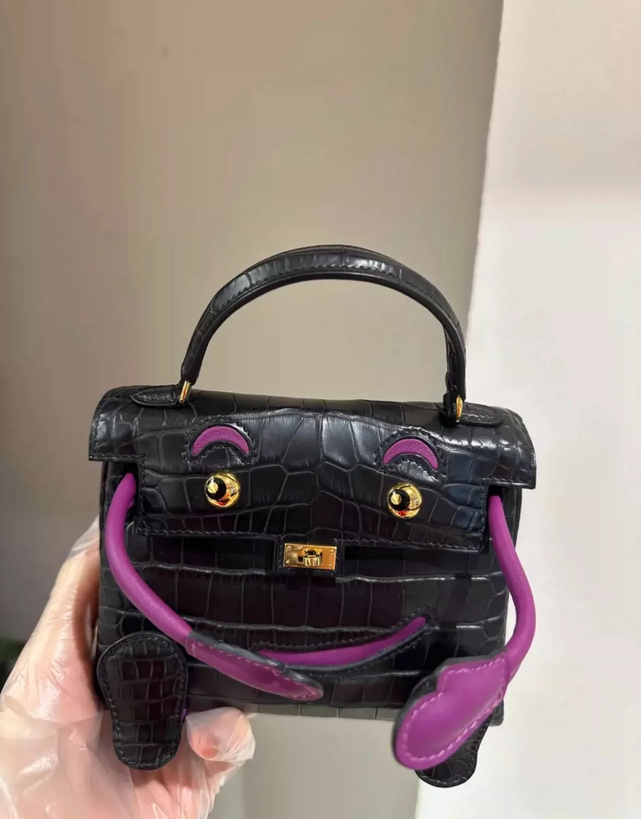 Hermes Kelly Doll Black & Anemone Purple Alligator Crocodile Gold Hardware - Image 6