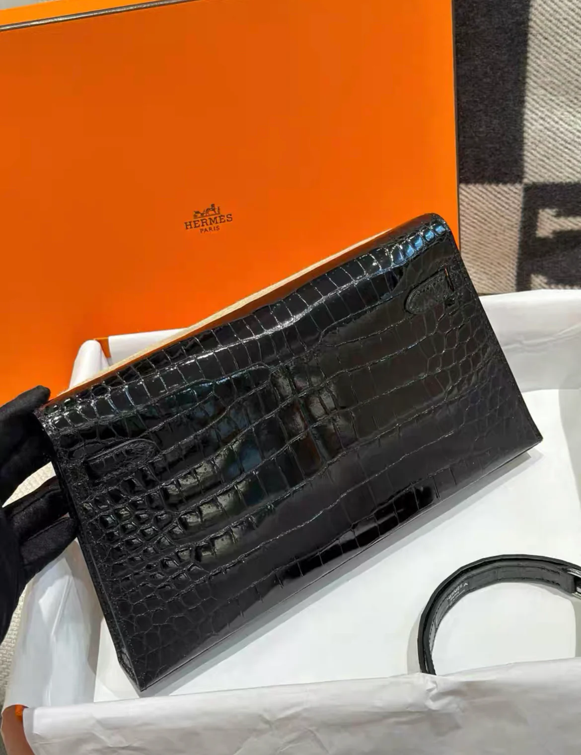 HERMES KELLY ELAN BLACK POROSUS CROCODILE SHOULDER BAG Brand New Stamp W - Image 3